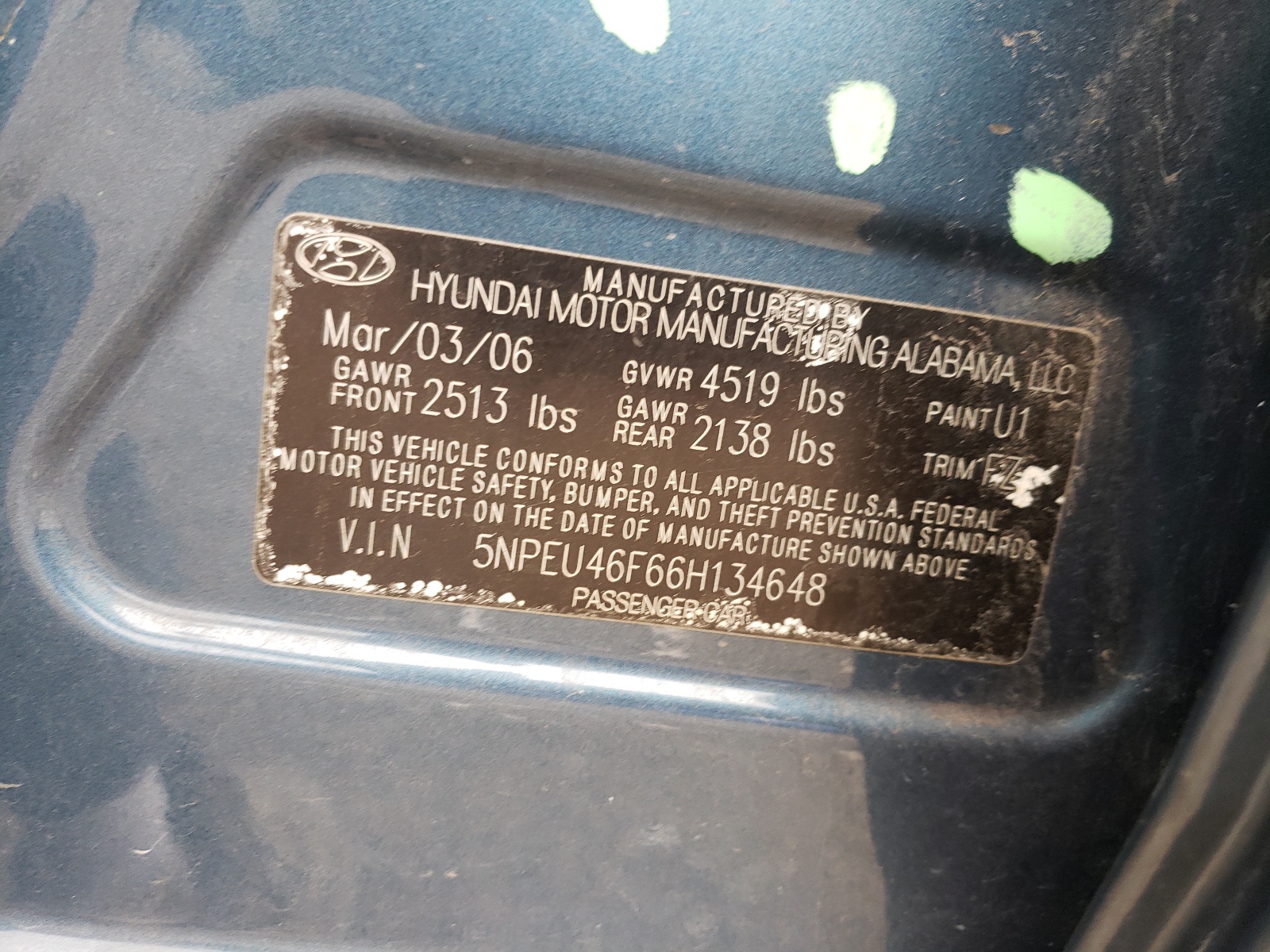 Photo 10 from auction – 2006 HYUNDAI SONATA GLS with VIN 5NPEU46F66H134648