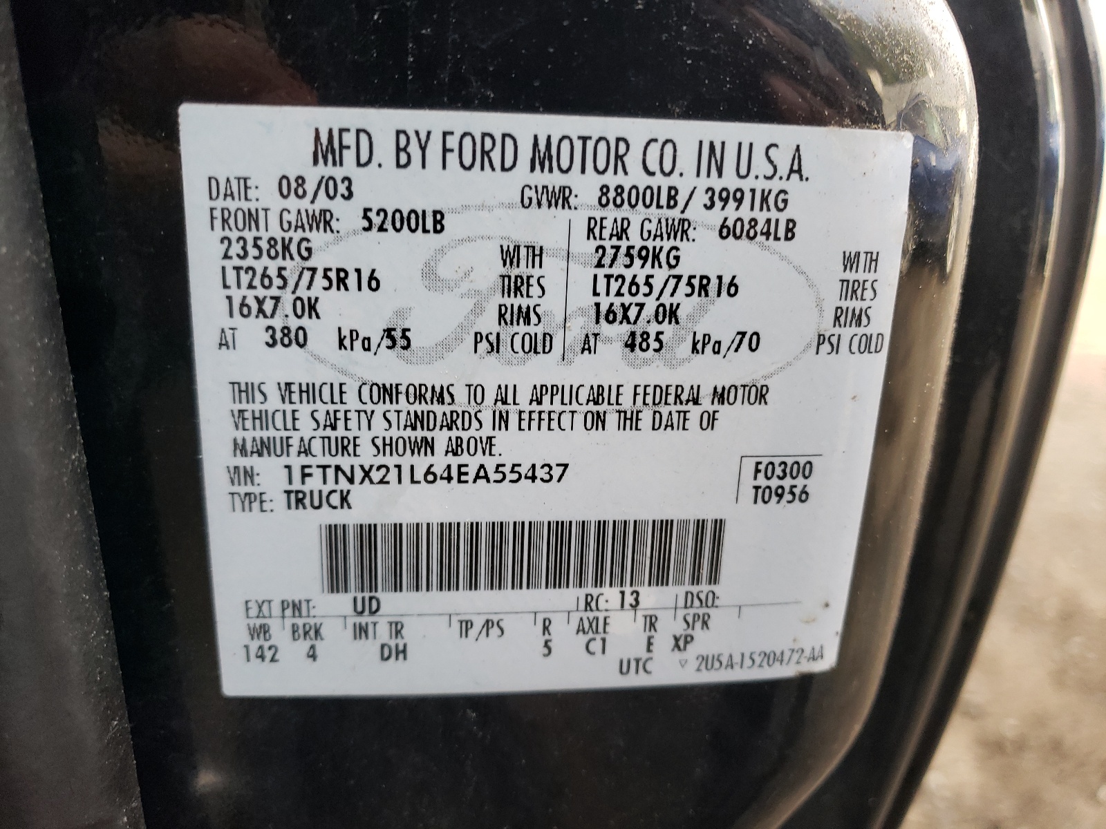 Photo 10 from auction – 2004 FORD F250SUPER with VIN 1FTNX21L64EA55437