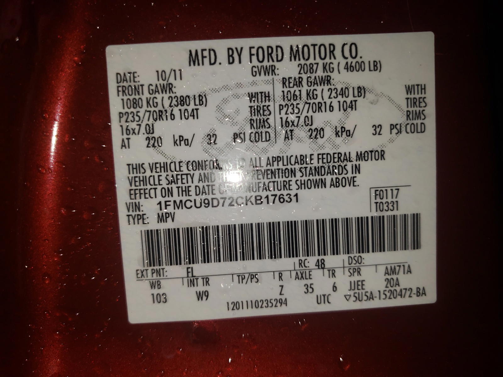 Photo 10 from auction – 2012 FORD ESCAPE XLT with VIN 1FMCU9D72CKB17631