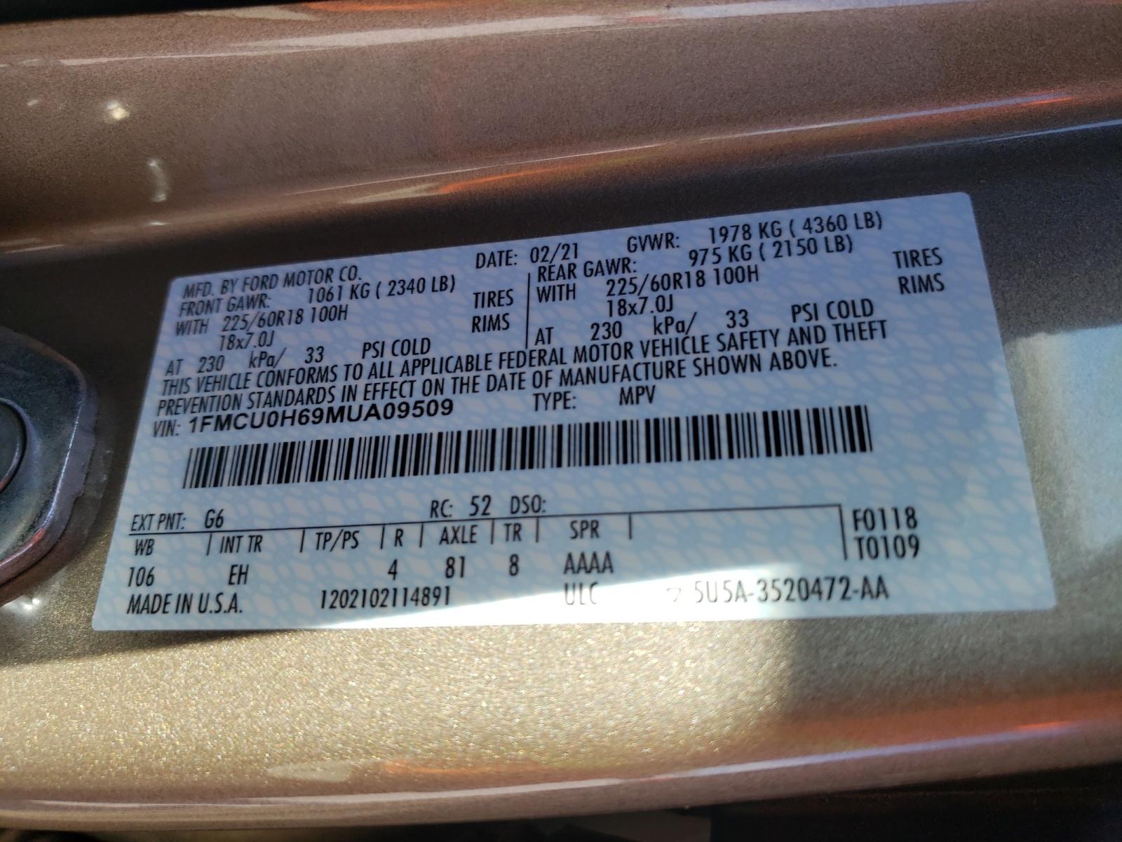 Photo 10 from auction – 2021 FORD ESCAPE SEL with VIN 1FMCU0H69MUA09509