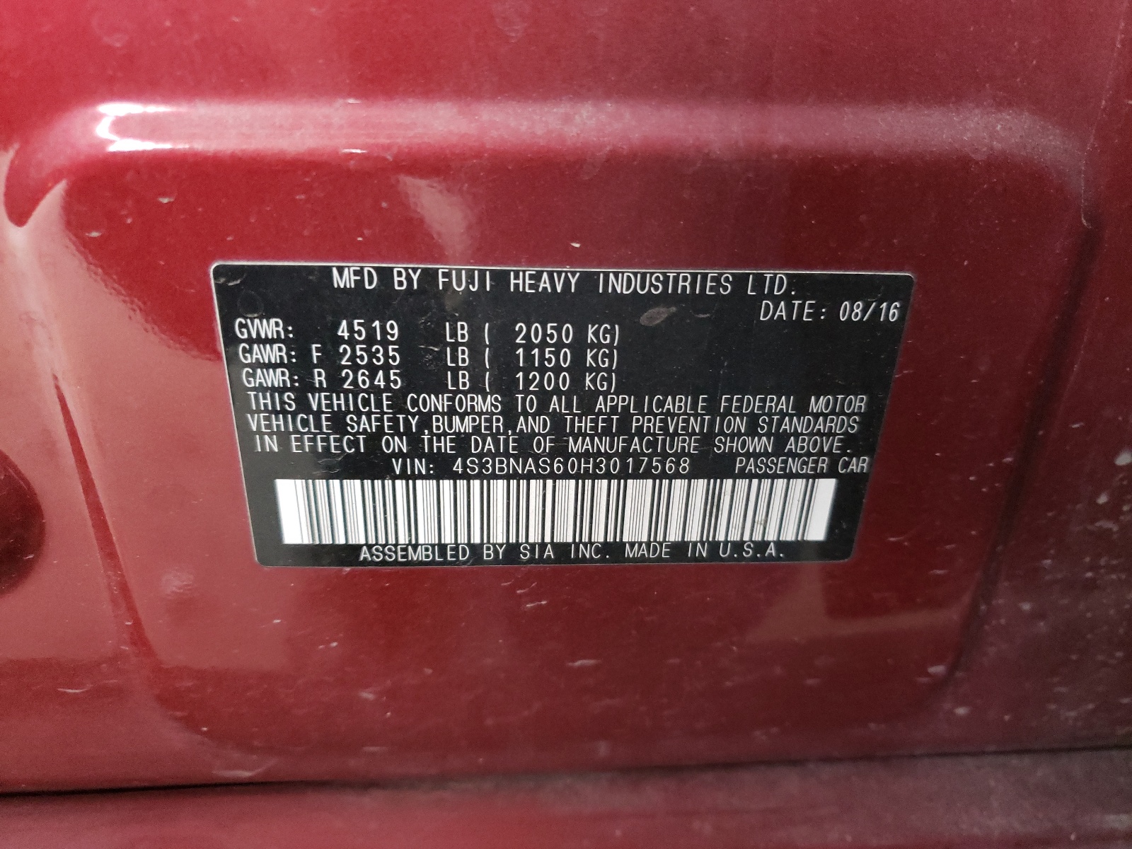 Photo 10 from auction – 2017 SUBARU LEGACY SPO with VIN 4S3BNAS60H3017568