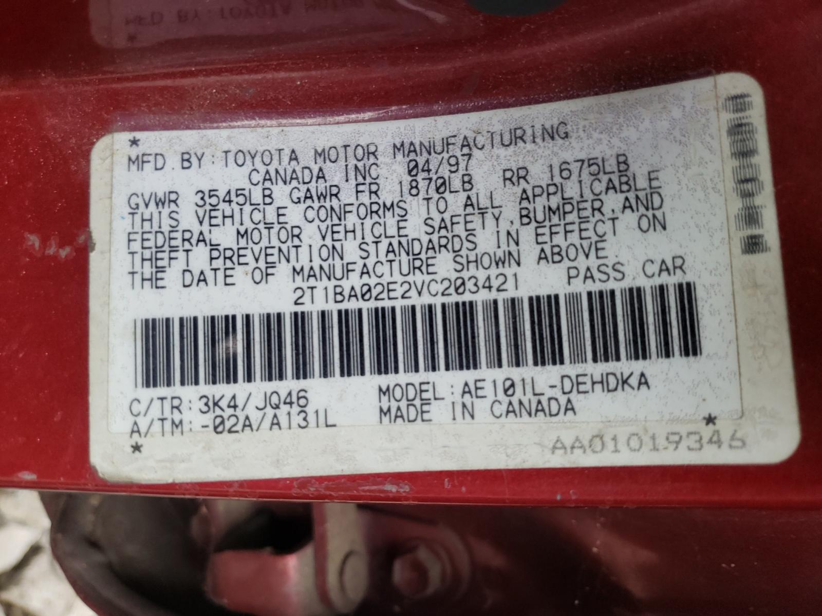 صورة رقم 10 من المزاد - 1997 TOYOTA COROLLA BA مع VIN 2T1BA02E2VC203421