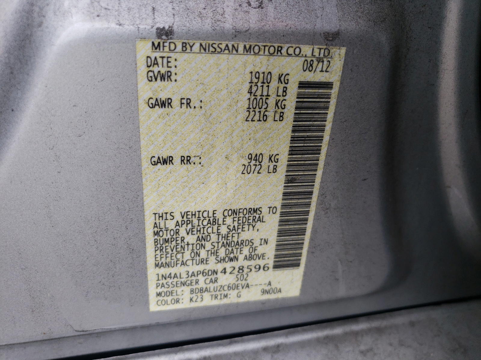 Photo 10 from auction – 2013 NISSAN ALTIMA 2.5 with VIN 1N4AL3AP6DN428596