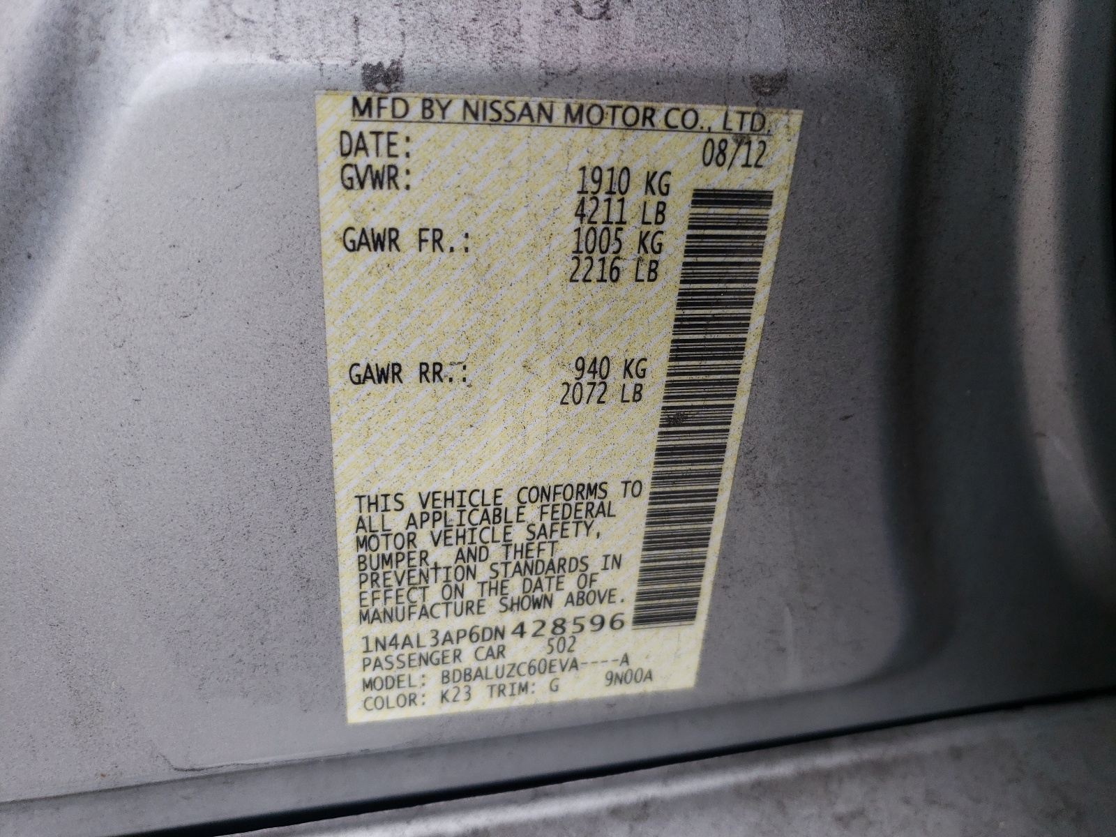 Zdjęcie 10 z aukcji – 2013 NISSAN ALTIMA 2.5 z VIN 1N4AL3AP6DN428596