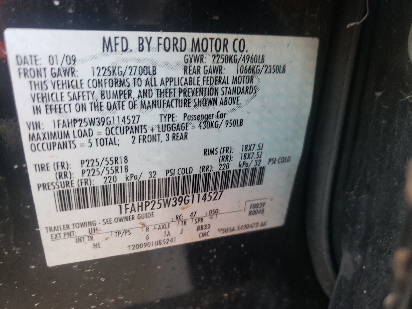 Photo 10 from auction – 2009 FORD TAURUS LIM with VIN 1FAHP25W39G114527