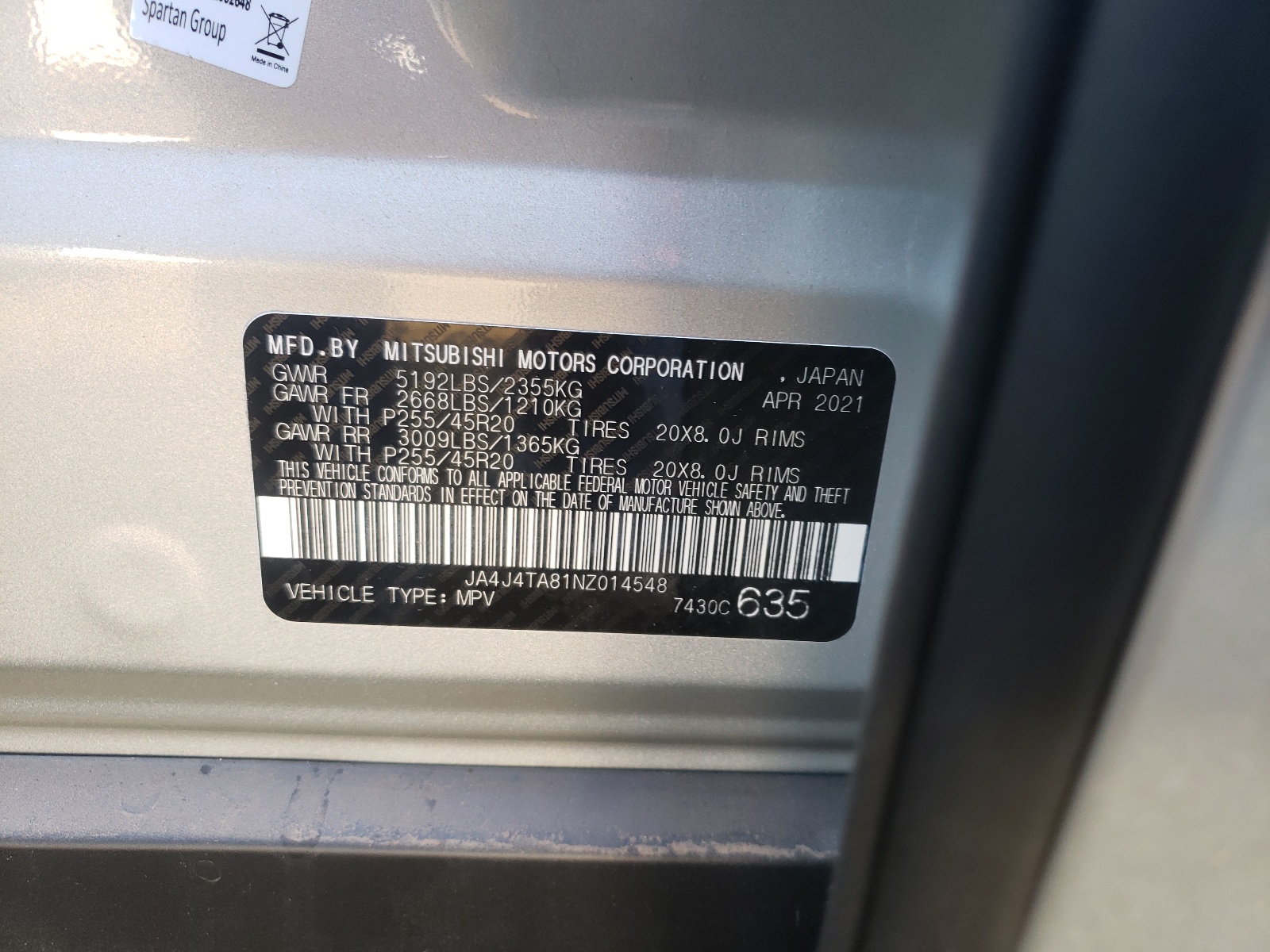 Photo 10 from auction – 2022 MITSUBISHI OUTLANDER with VIN JA4J4TA81NZ014548