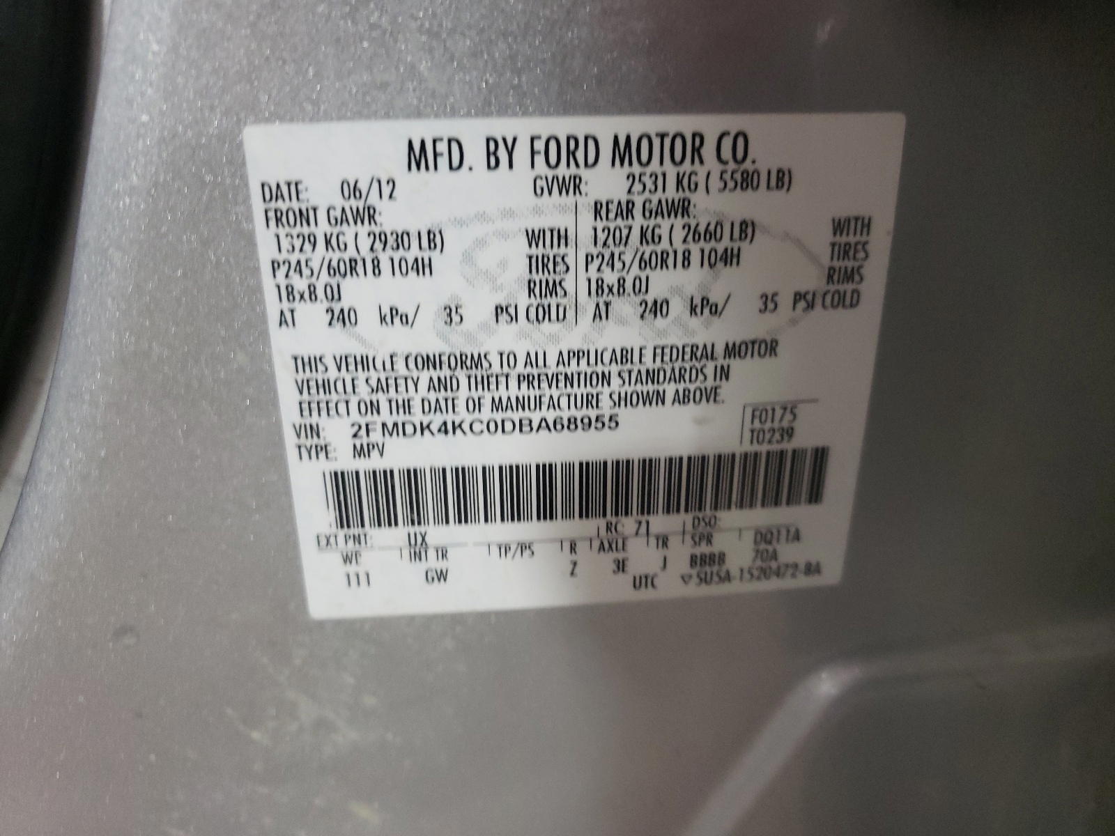 Photo 10 from auction – 2013 FORD EDGE LIMIT with VIN 2FMDK4KC0DBA68955