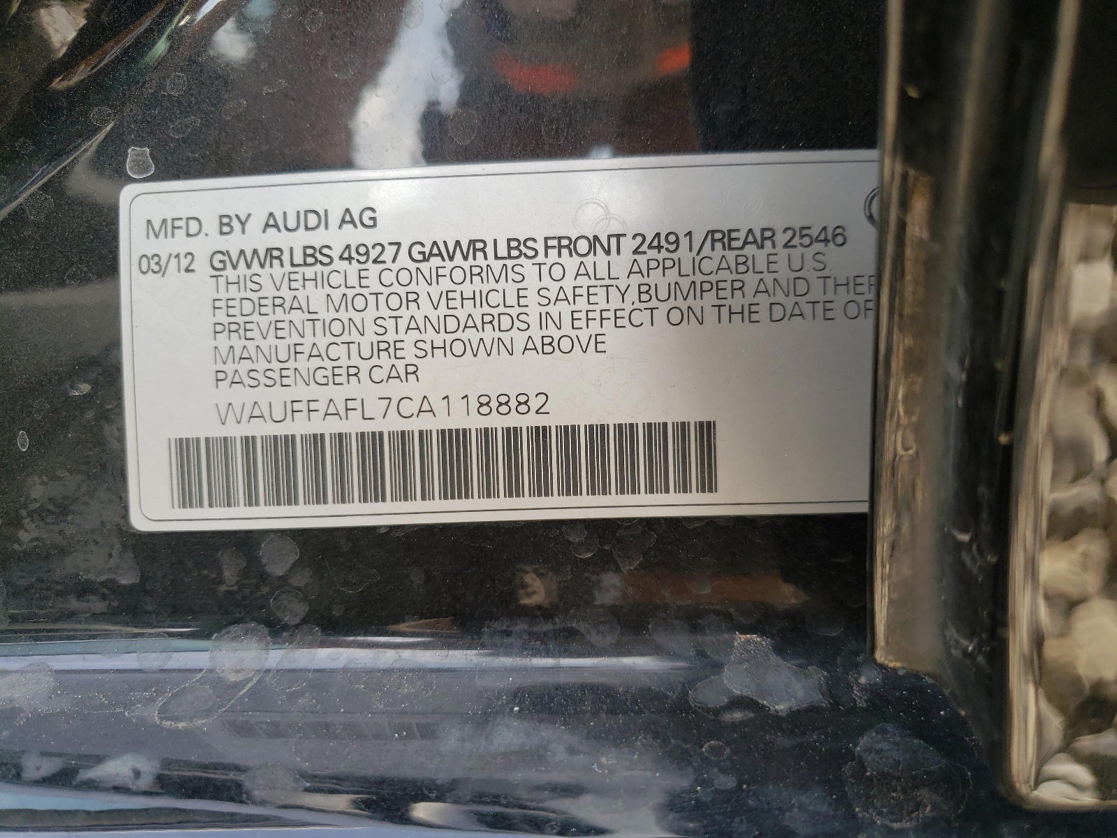 Photo 10 from auction – 2012 AUDI A4 PREMIUM with VIN WAUFFAFL7CA118882