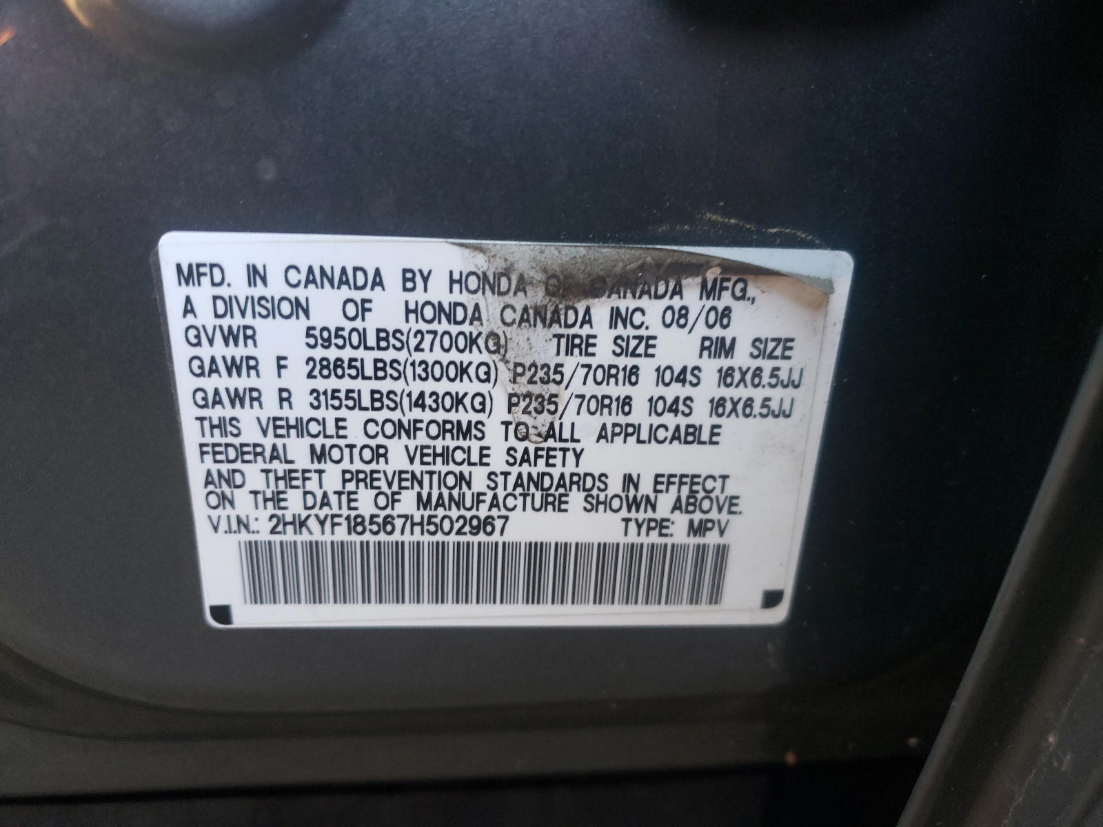 Photo 10 from auction – 2007 HONDA PILOT EXL with VIN 2HKYF18567H502967