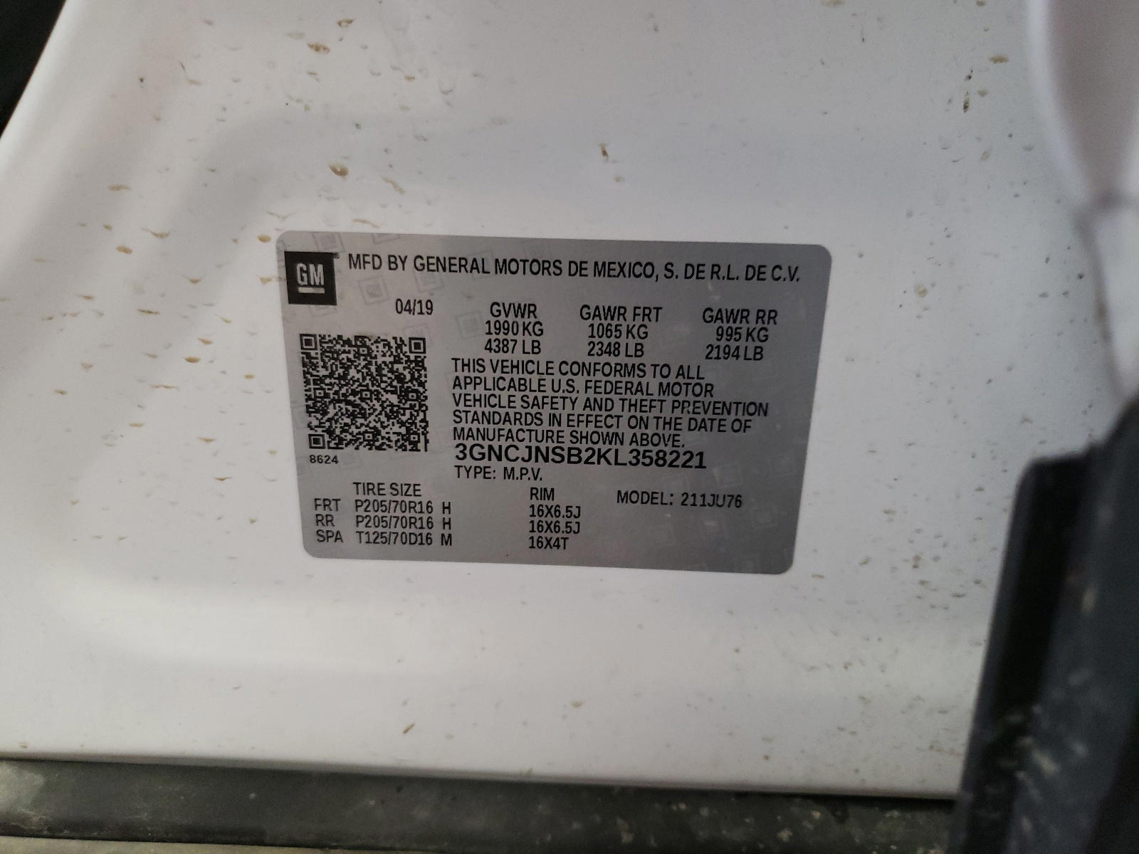 Photo 10 from auction – 2019 CHEVROLET TRAX LS with VIN 3GNCJNSB2KL358221