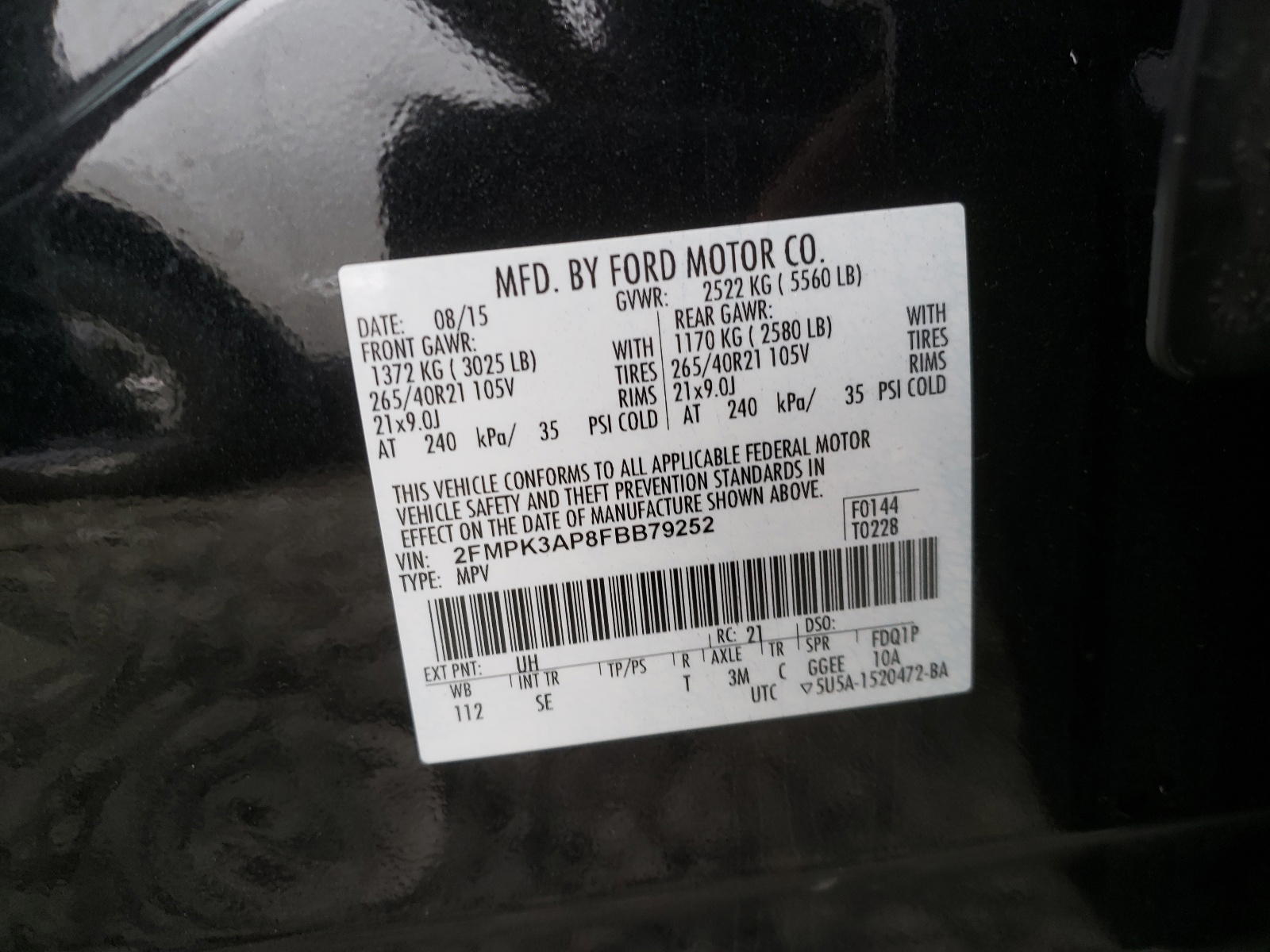 Photo 10 from auction – 2015 FORD EDGE SPORT with VIN 2FMPK3AP8FBB79252