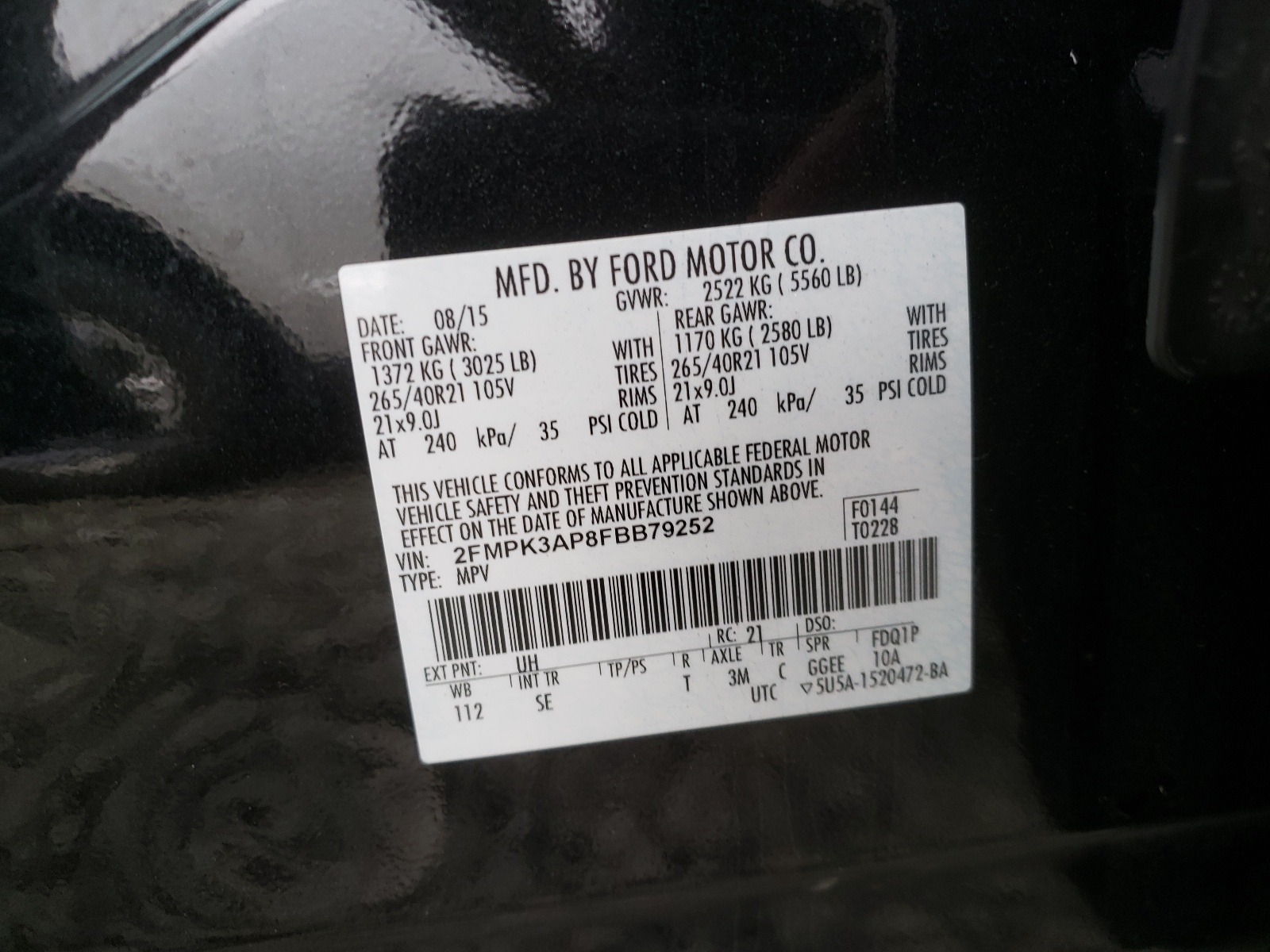 Фото 10 с аукциона – 2015 FORD EDGE SPORT с VIN 2FMPK3AP8FBB79252