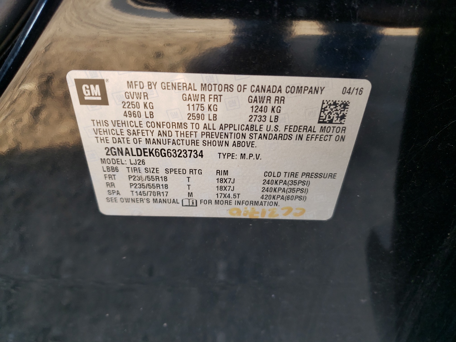 Photo 10 from auction – 2016 CHEVROLET EQUINOX LT with VIN 2GNALDEK6G6323734