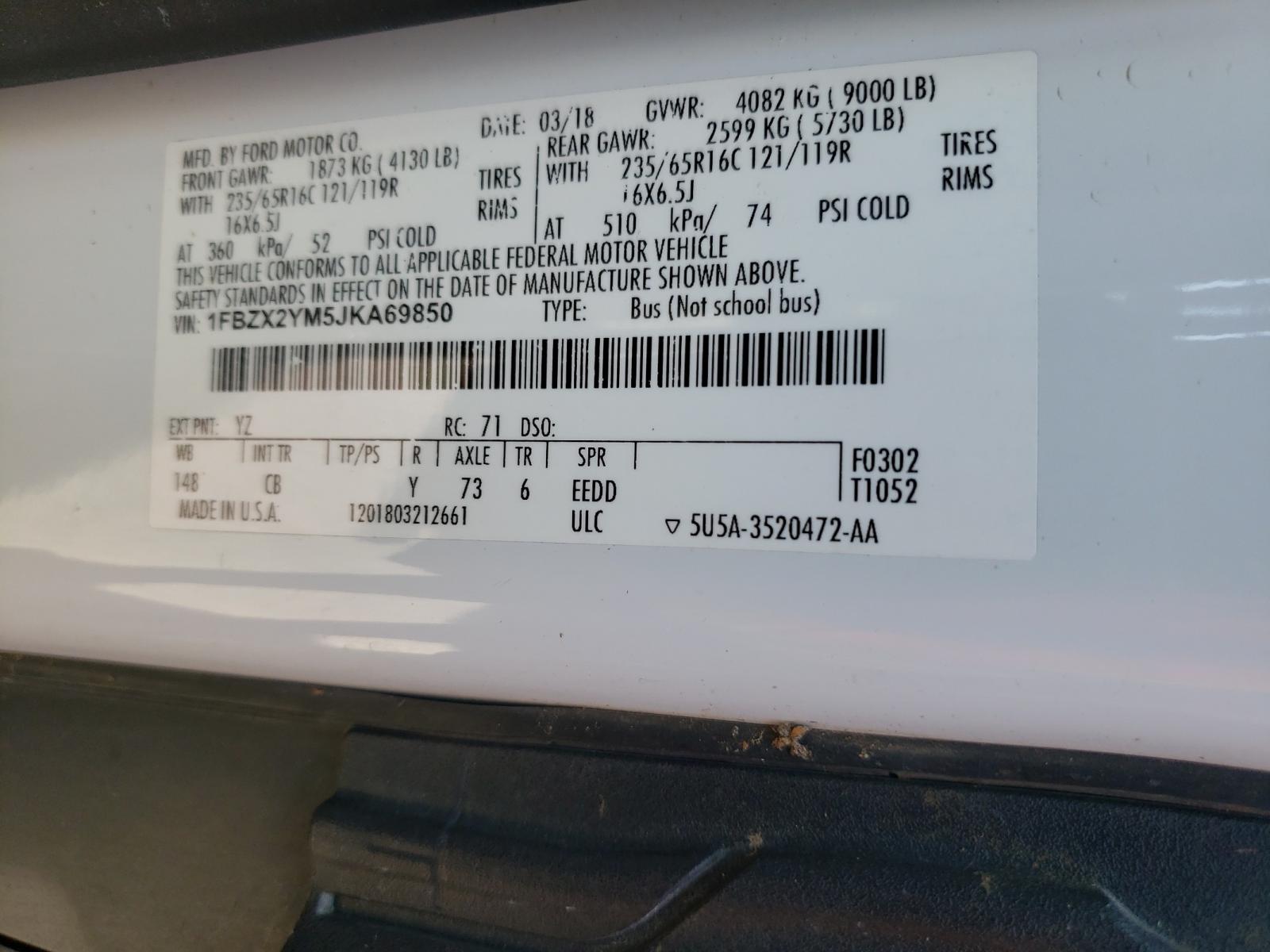 Photo 10 from auction – 2018 FORD TRANSIT T- with VIN 1FBZX2YM5JKA69850