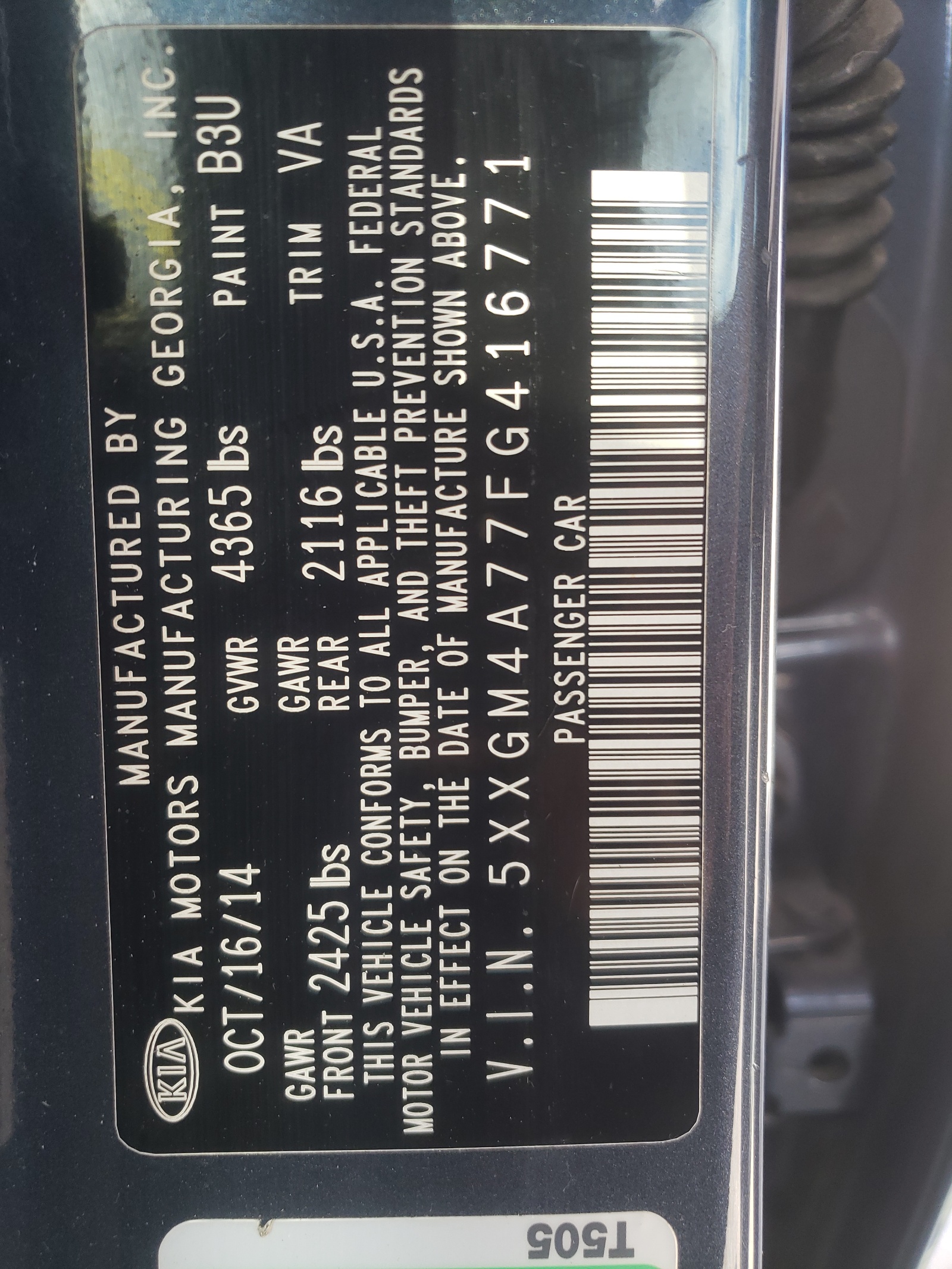 Photo 10 from auction – 2015 KIA OPTIMA LX with VIN 5XXGM4A77FG416771