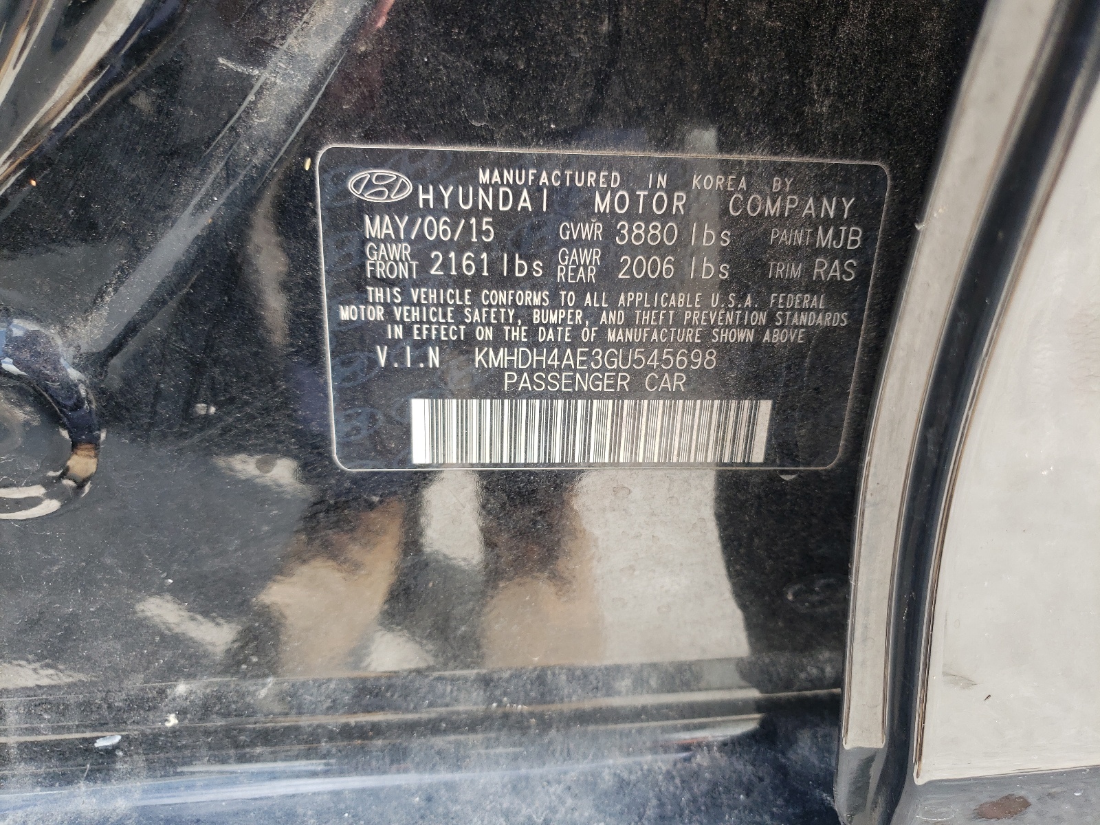 Photo 10 from auction – 2016 HYUNDAI ELANTRA SE with VIN KMHDH4AE3GU545698