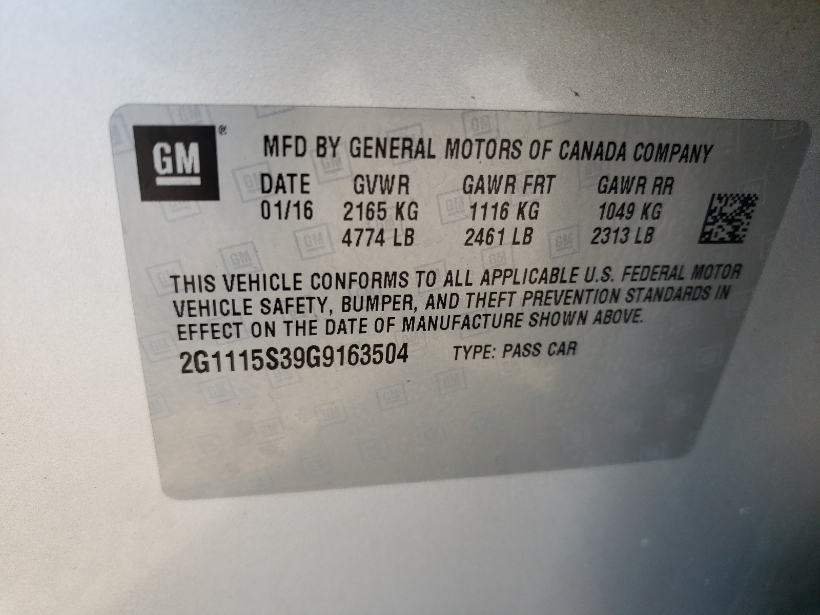 Photo 10 from auction – 2016 CHEVROLET IMPALA LT with VIN 2G1115S39G9163504