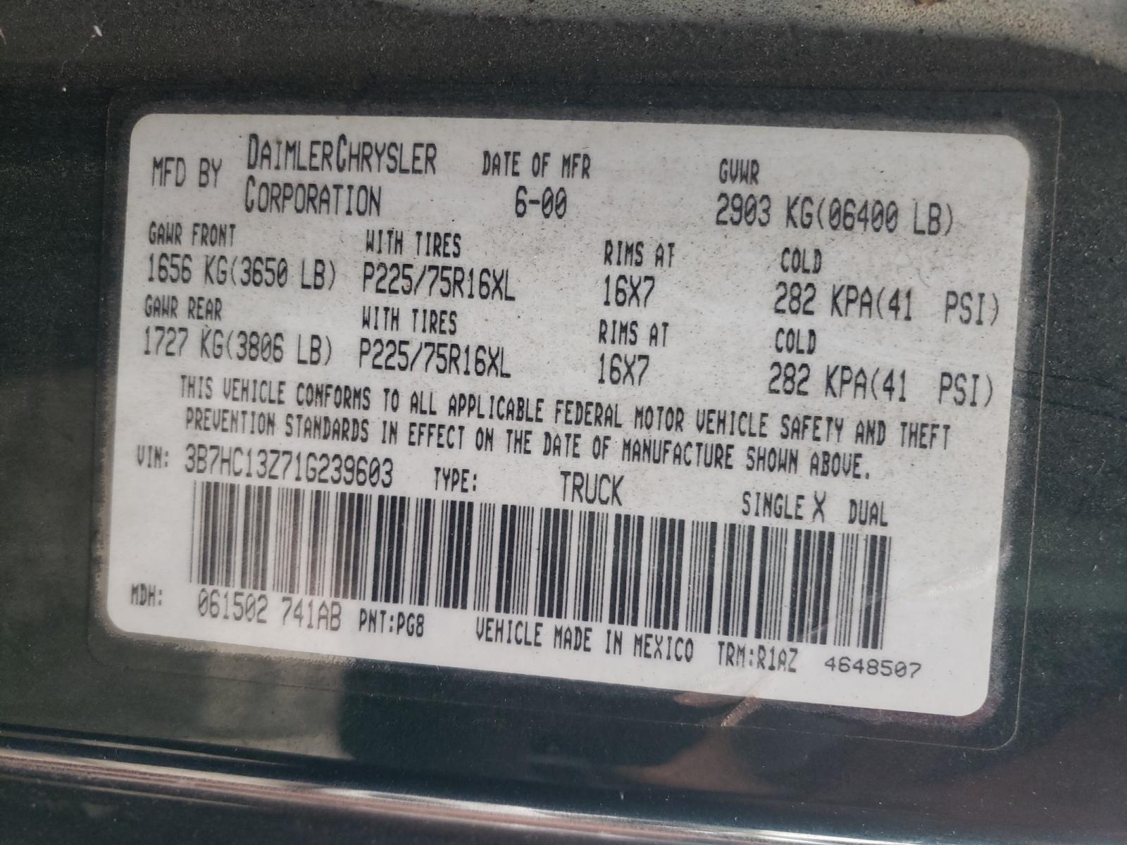 Photo 10 from auction – 2001 DODGE RAM 1500 with VIN 3B7HC13Z71G239603
