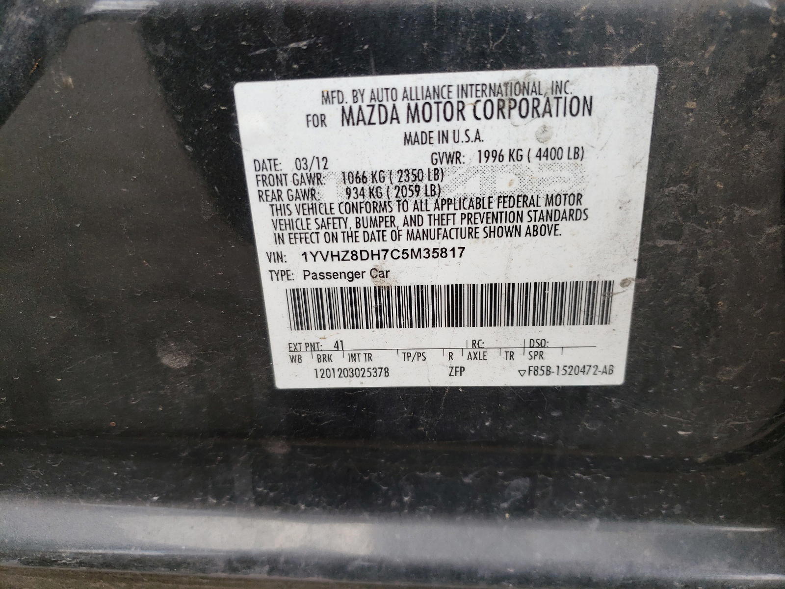 Photo 10 from auction – 2012 MAZDA 6 I with VIN 1YVHZ8DH7C5M35817
