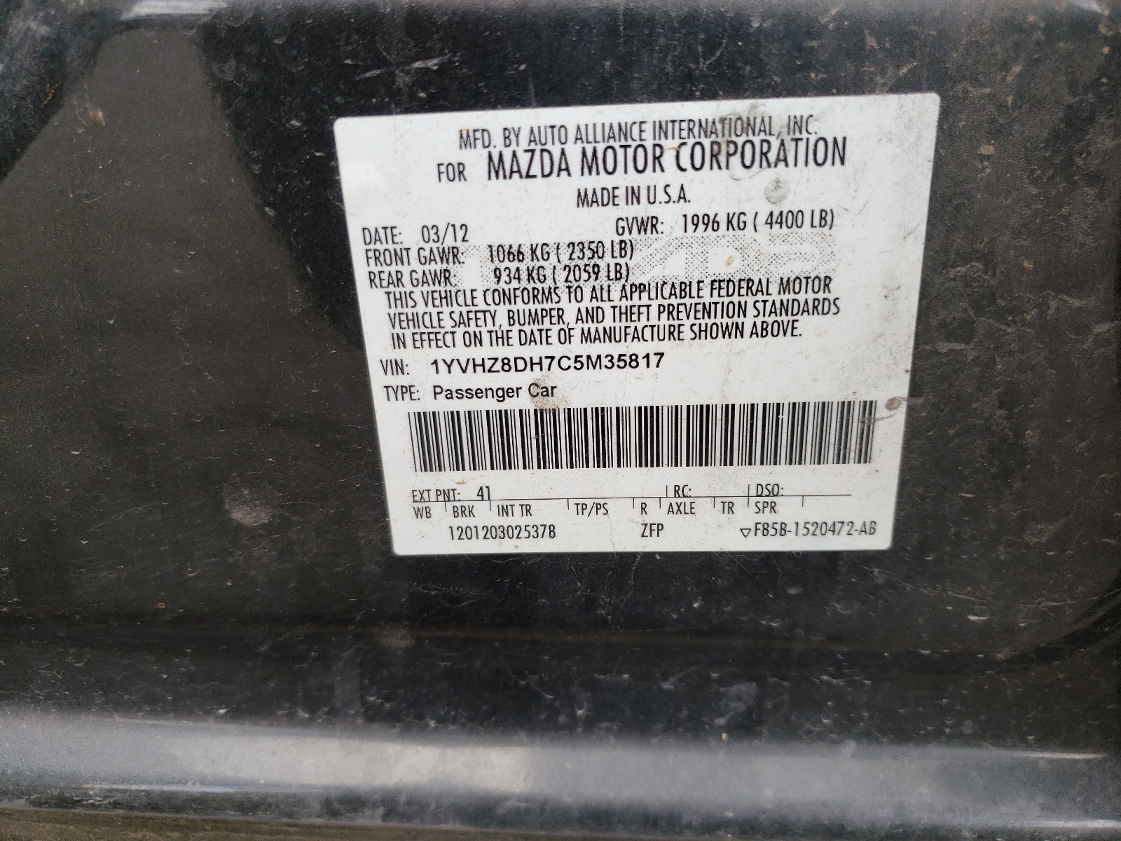 Zdjęcie 10 z aukcji – 2012 MAZDA 6 I z VIN 1YVHZ8DH7C5M35817