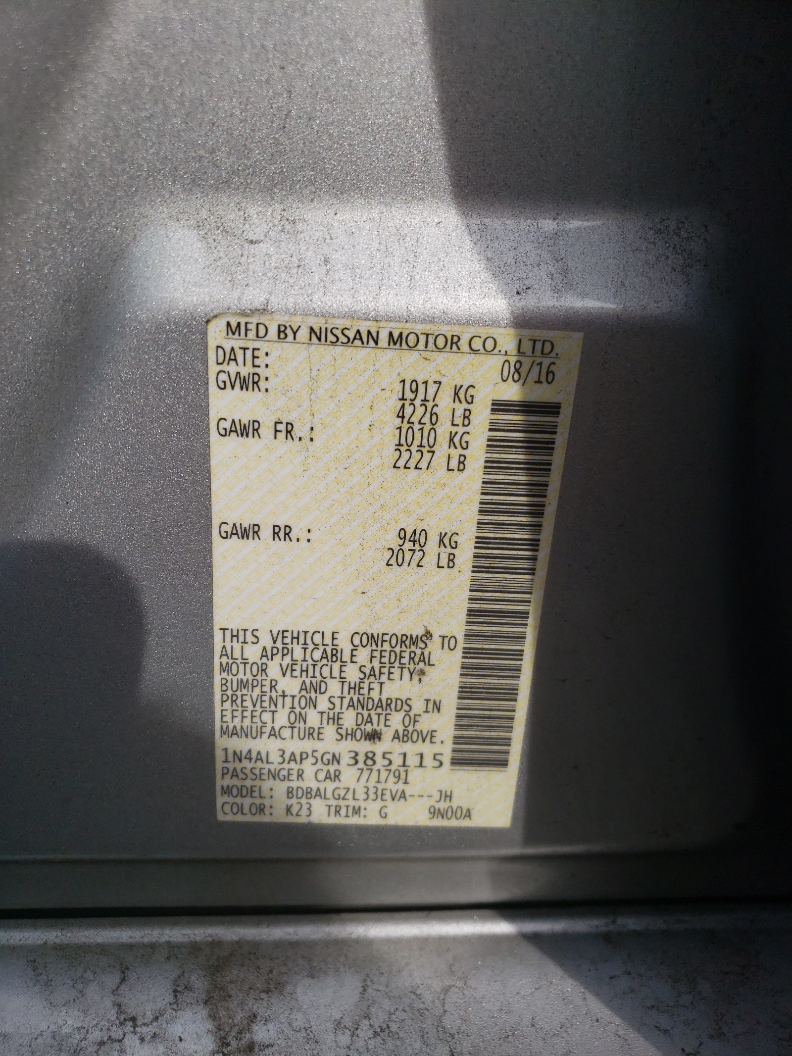 Photo 10 from auction – 2016 NISSAN ALTIMA 2.5 with VIN 1N4AL3AP5GN385115