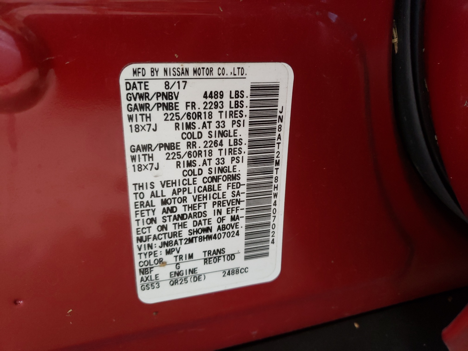 Photo 10 from auction – 2017 NISSAN ROGUE S with VIN JN8AT2MT8HW407024