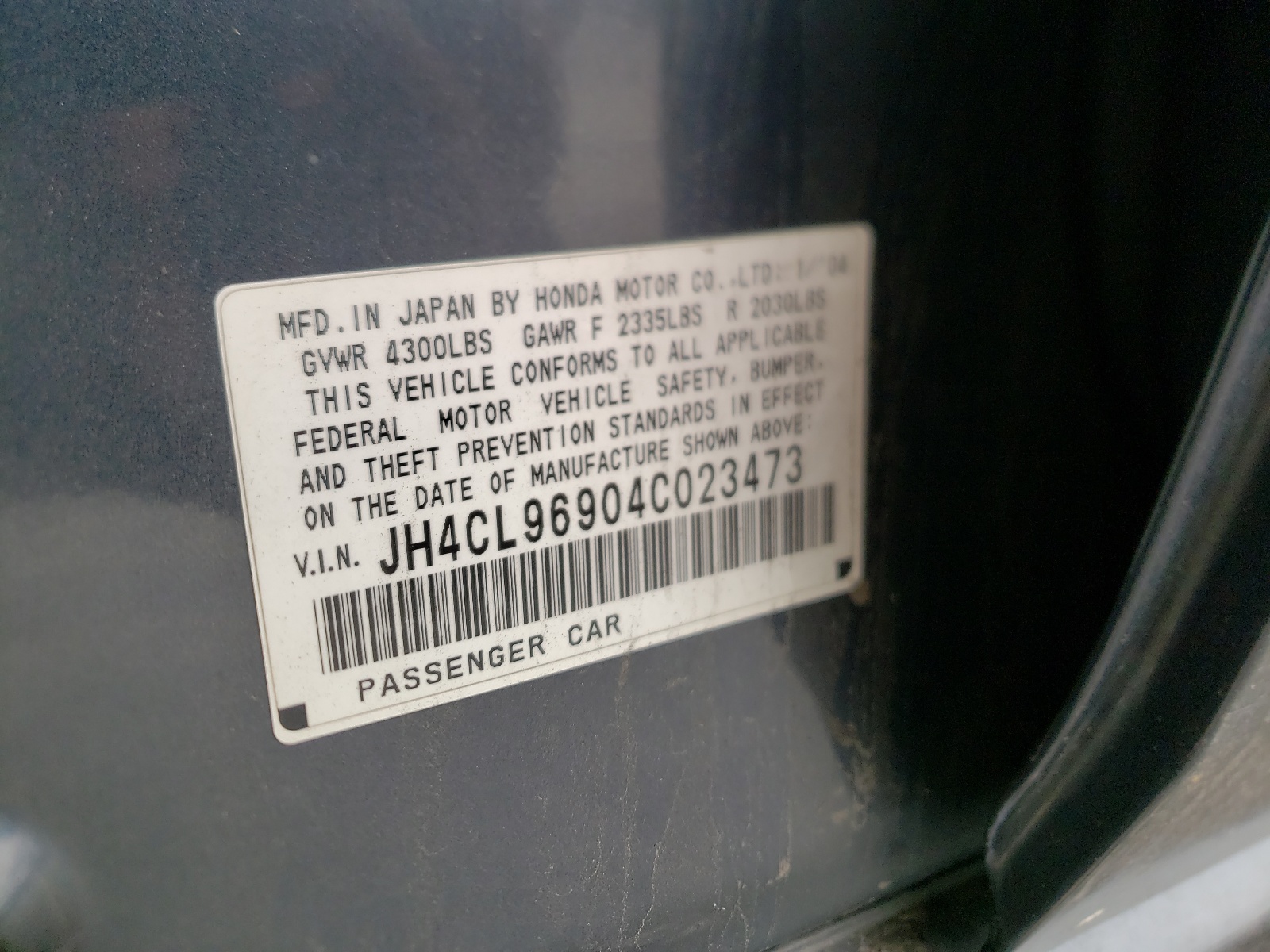 Photo 10 from auction – 2004 ACURA TSX with VIN JH4CL96904C023473