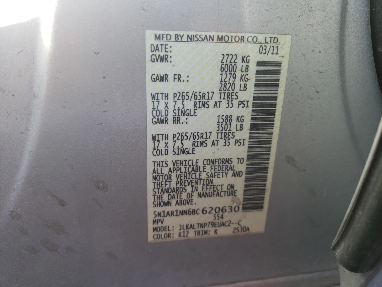 Photo 10 from auction – 2011 NISSAN PATHFINDER with VIN 5N1AR1NN6BC620630