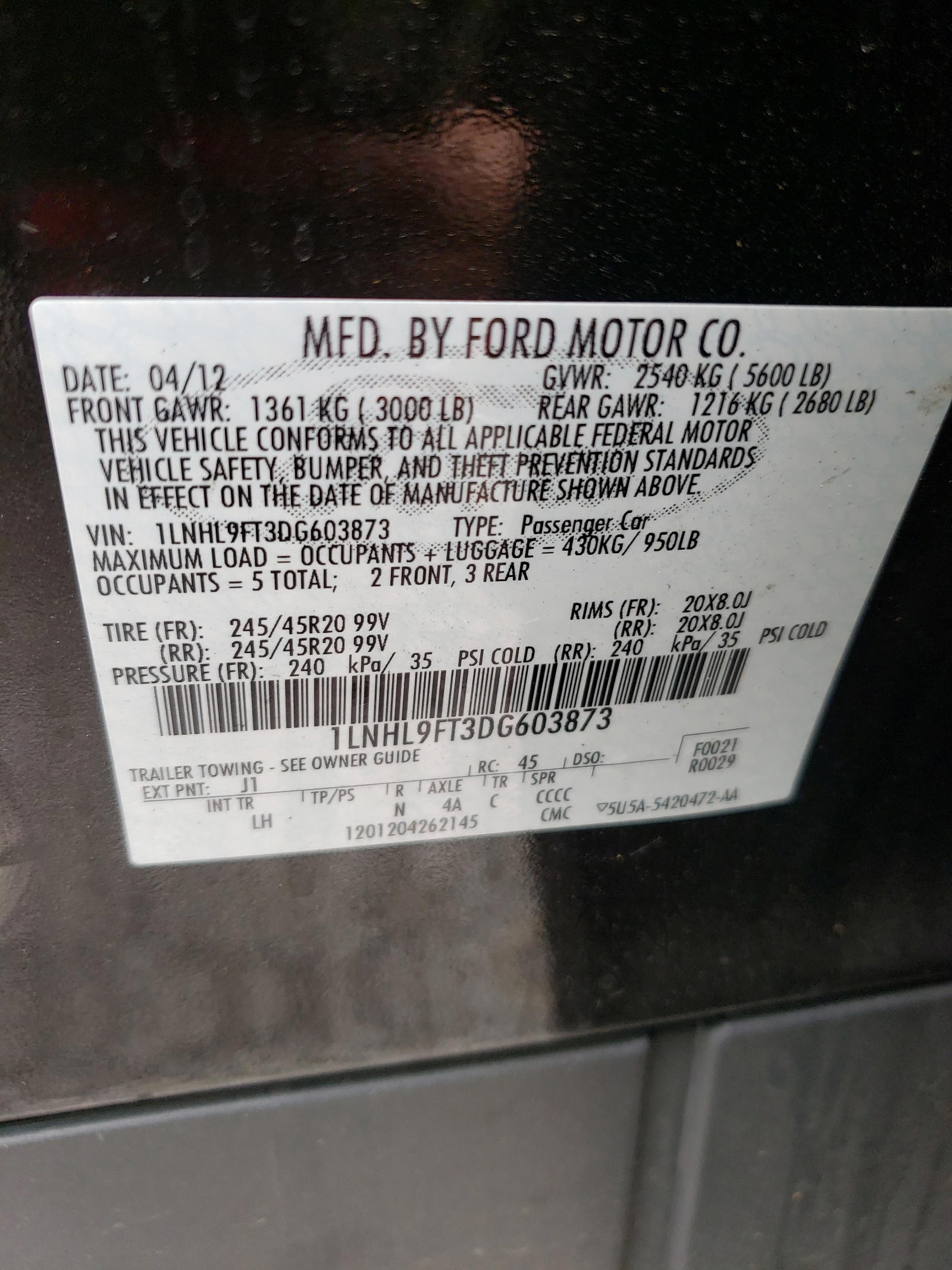 Photo 10 from auction – 2013 LINCOLN MKS with VIN 1LNHL9FT3DG603873