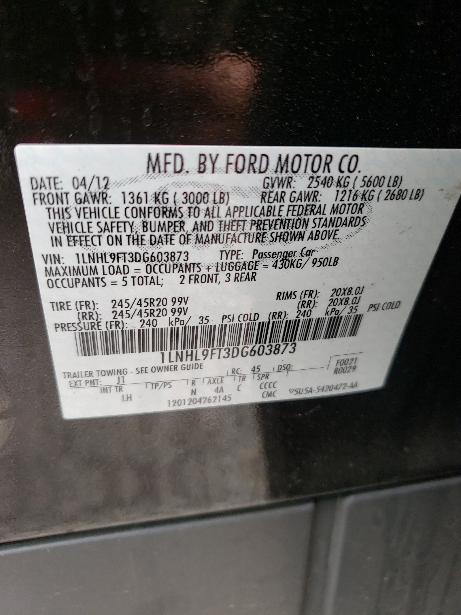 Zdjęcie 10 z aukcji – 2013 LINCOLN MKS z VIN 1LNHL9FT3DG603873