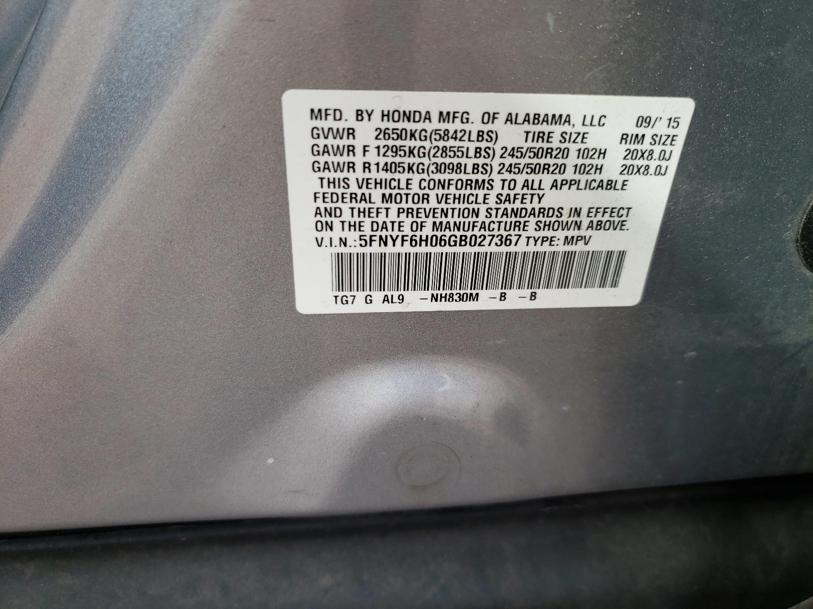 Photo 10 from auction – 2016 HONDA PILOT ELIT with VIN 5FNYF6H06GB027367