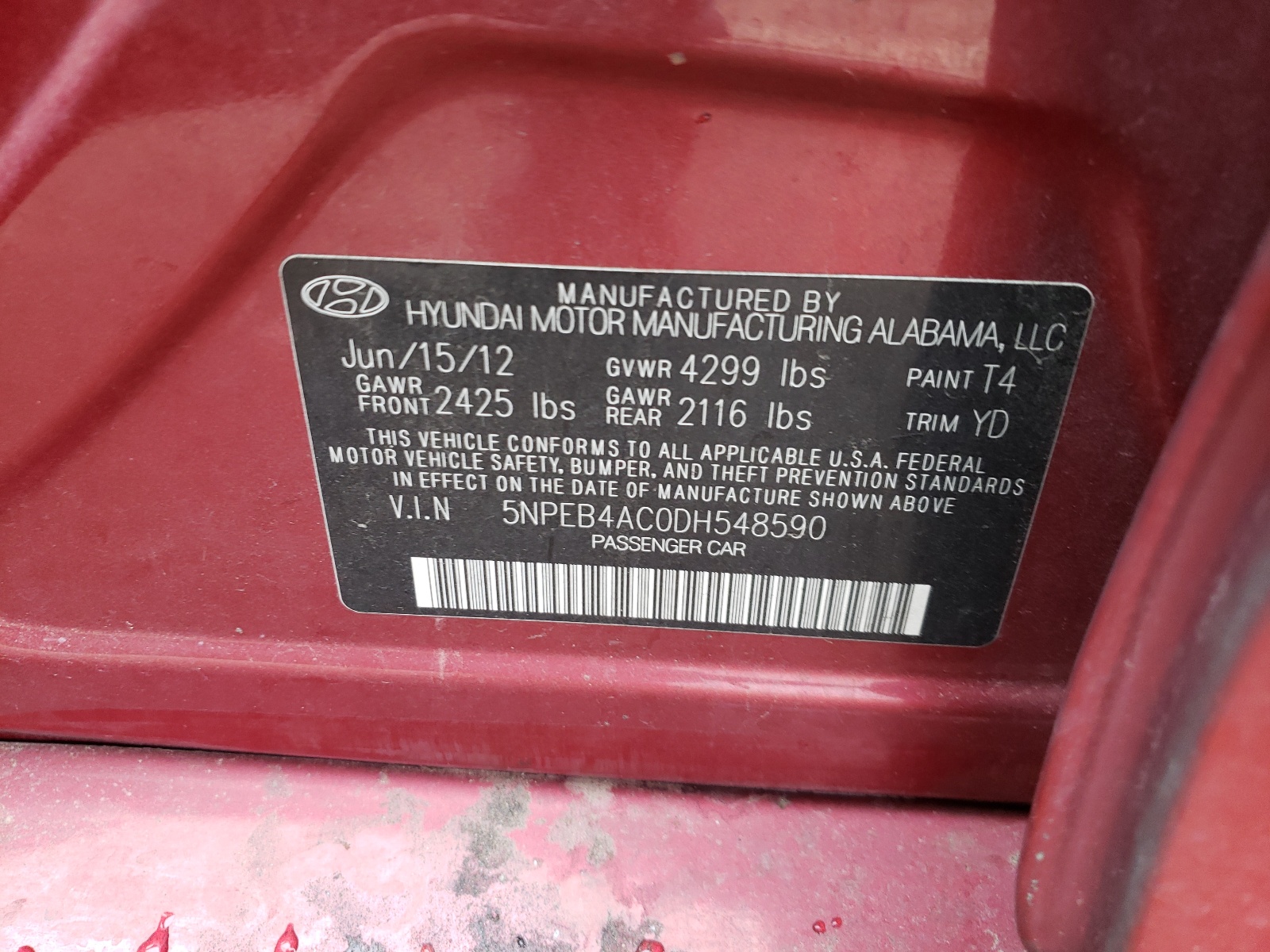 Photo 10 from auction – 2013 HYUNDAI SONATA GLS with VIN 5NPEB4AC0DH548590