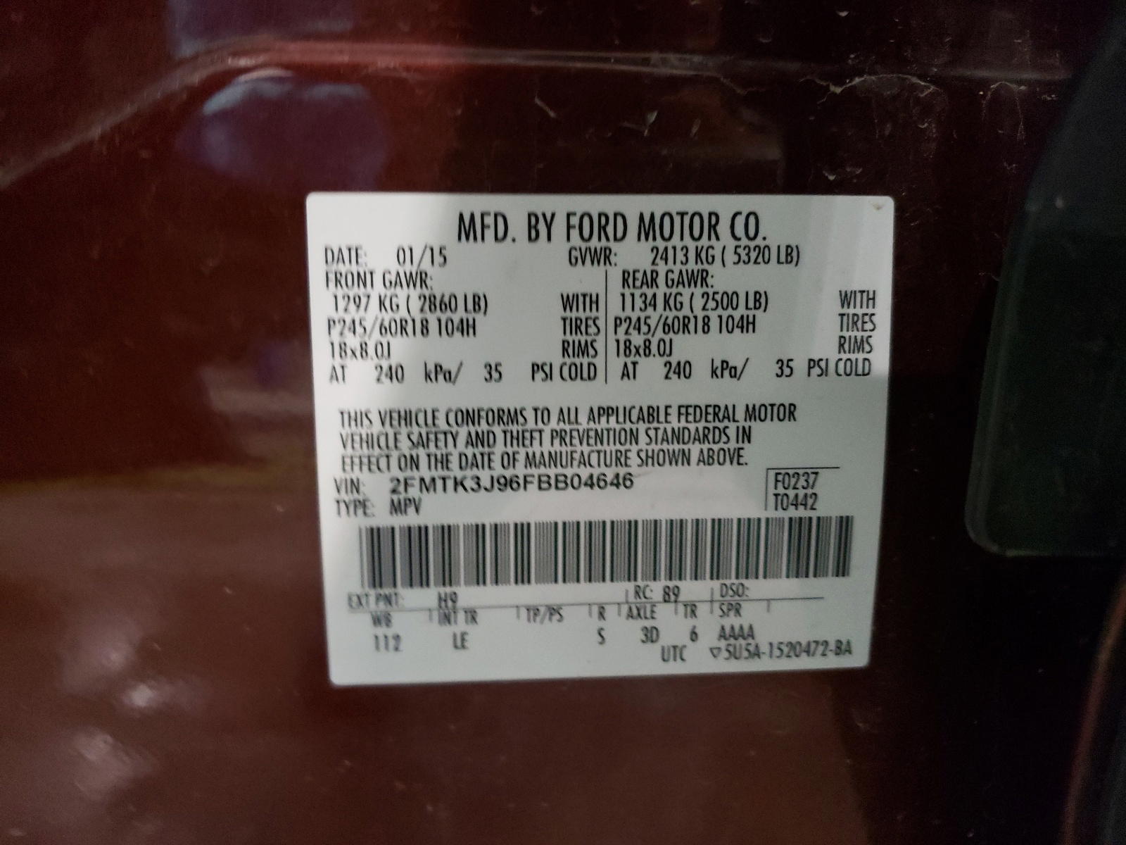 Photo 10 from auction – 2015 FORD EDGE SEL with VIN 2FMTK3J96FBB04646