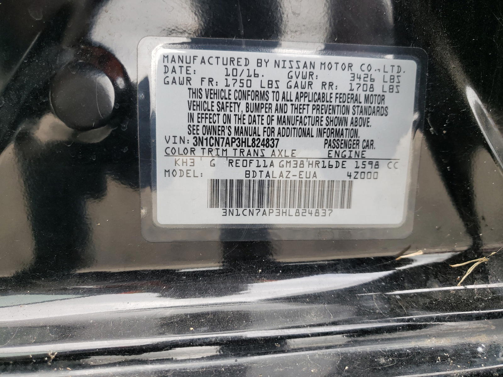 Photo 10 from auction – 2017 NISSAN VERSA S with VIN 3N1CN7AP3HL824837