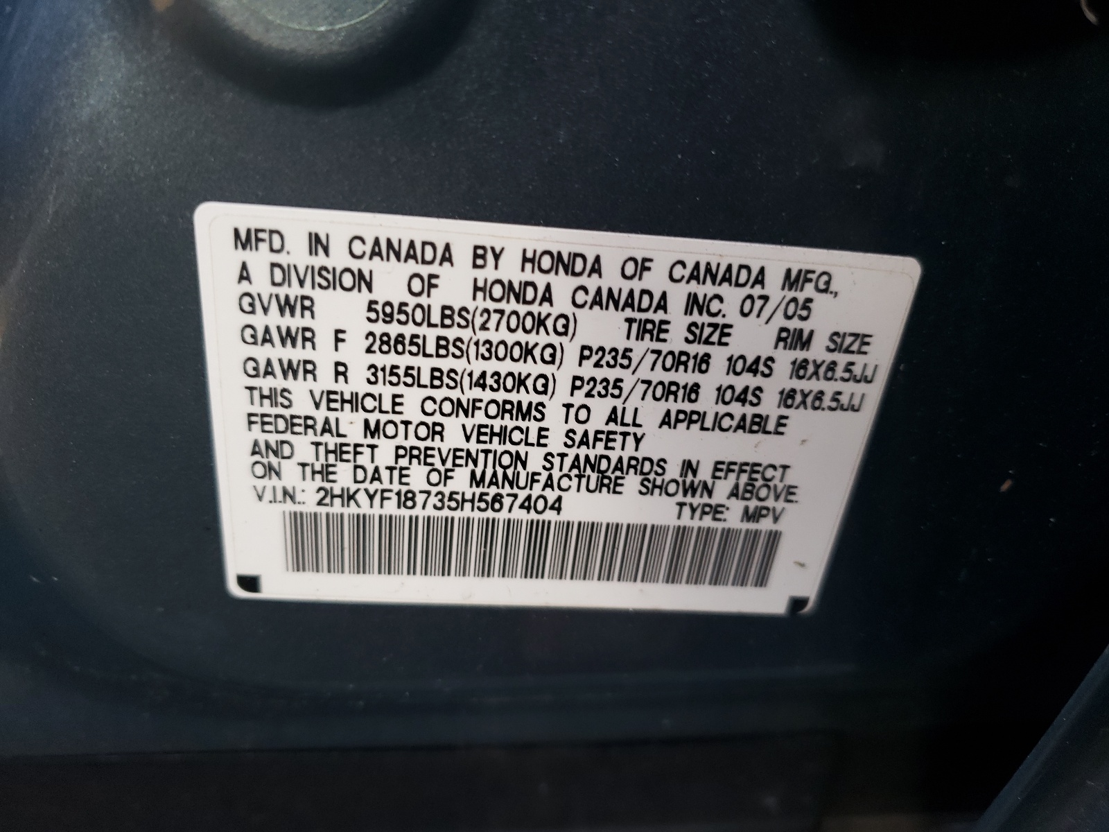 Photo 10 from auction – 2005 HONDA PILOT EXL with VIN 2HKYF18735H567404