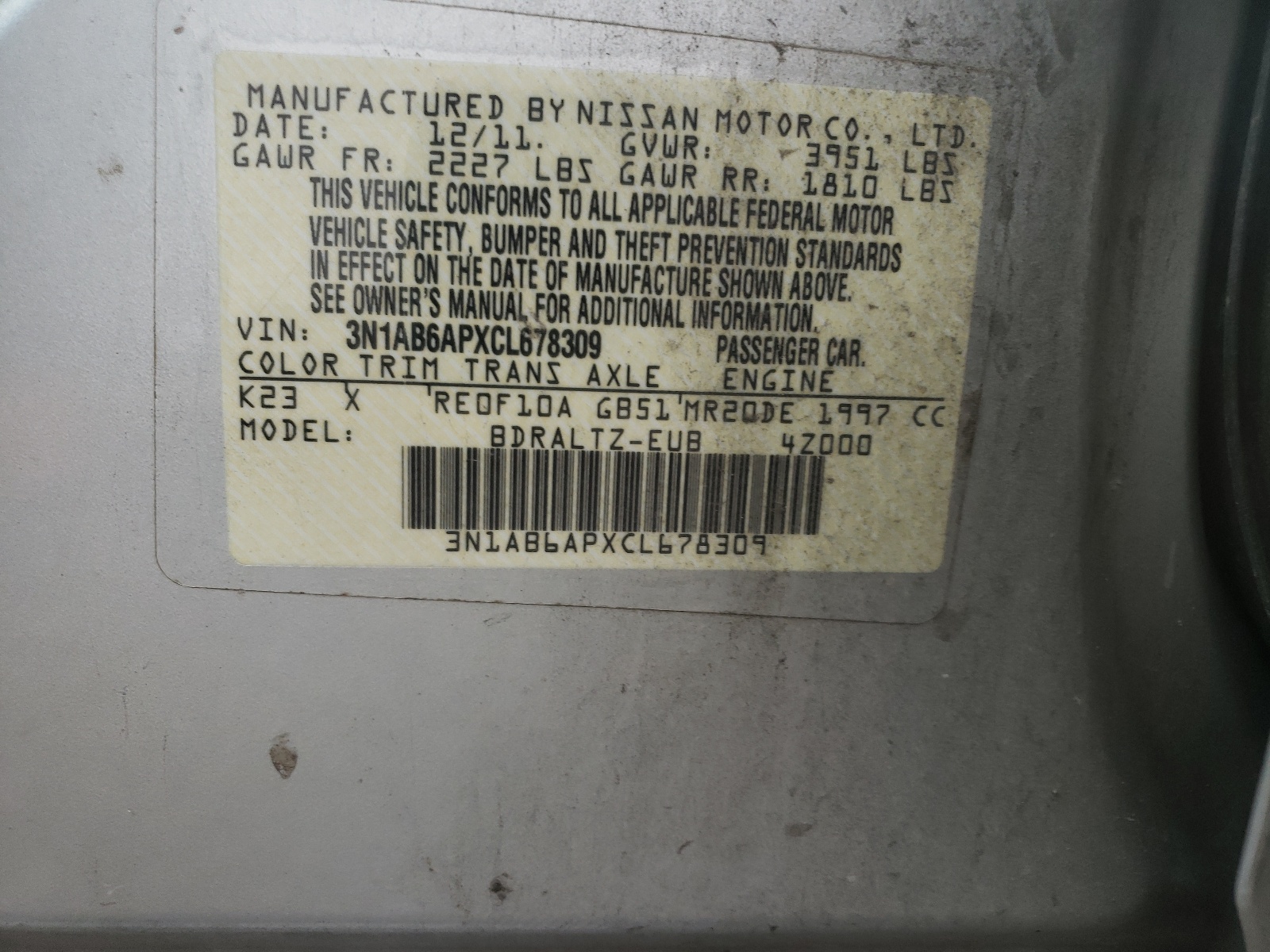 Photo 10 from auction – 2012 NISSAN SENTRA 2.0 with VIN 3N1AB6APXCL678309