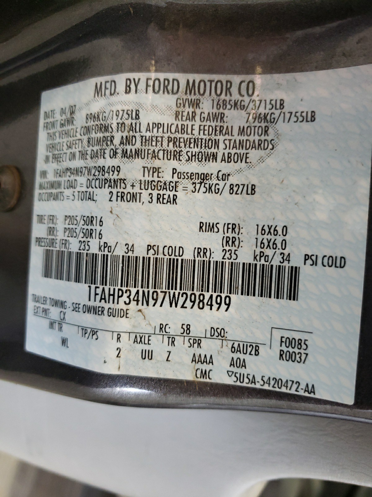 Photo 10 from auction – 2007 FORD FOCUS ZX4 with VIN 1FAHP34N97W298499