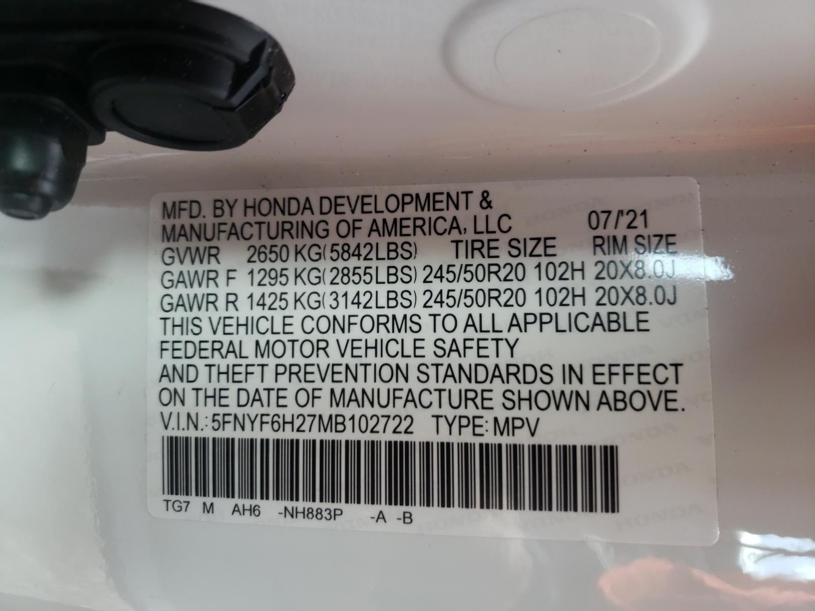 Photo 10 from auction – 2021 HONDA PILOT SE with VIN 5FNYF6H27MB102722