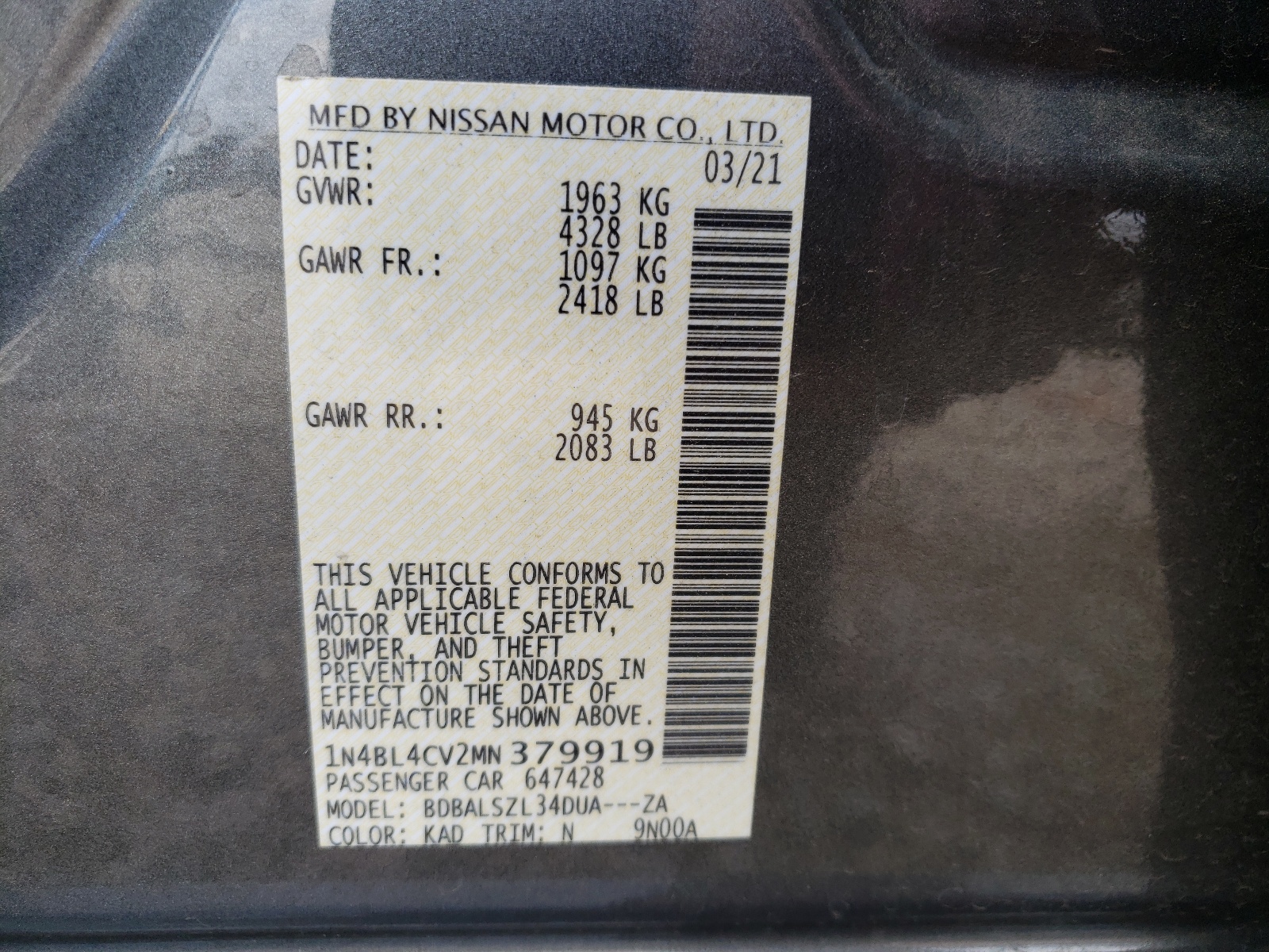 Photo 10 from auction – 2021 NISSAN ALTIMA SR with VIN 1N4BL4CV2MN379919