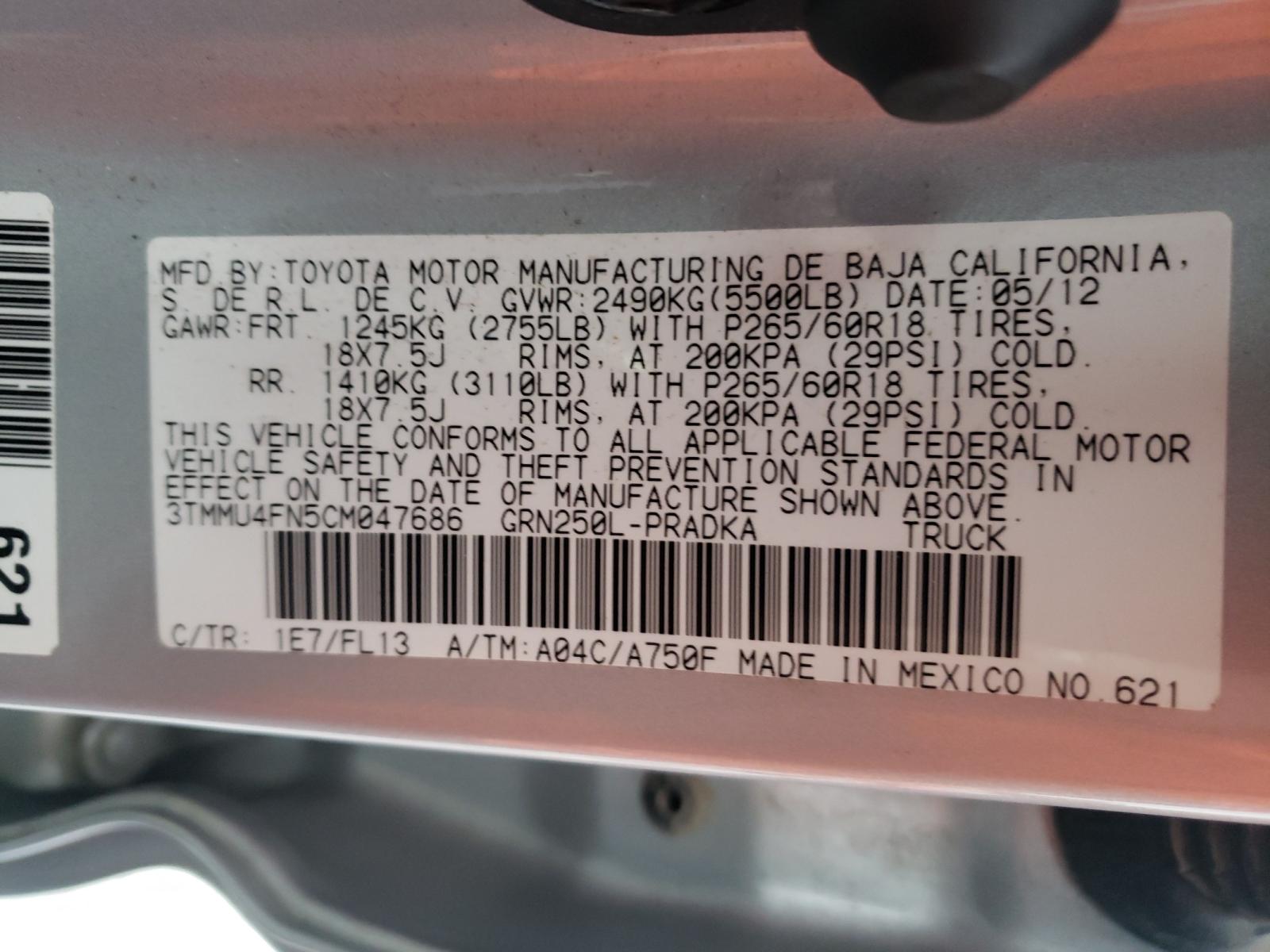 Photo 10 from auction – 2012 TOYOTA TACOMA DOU with VIN 3TMMU4FN5CM047686