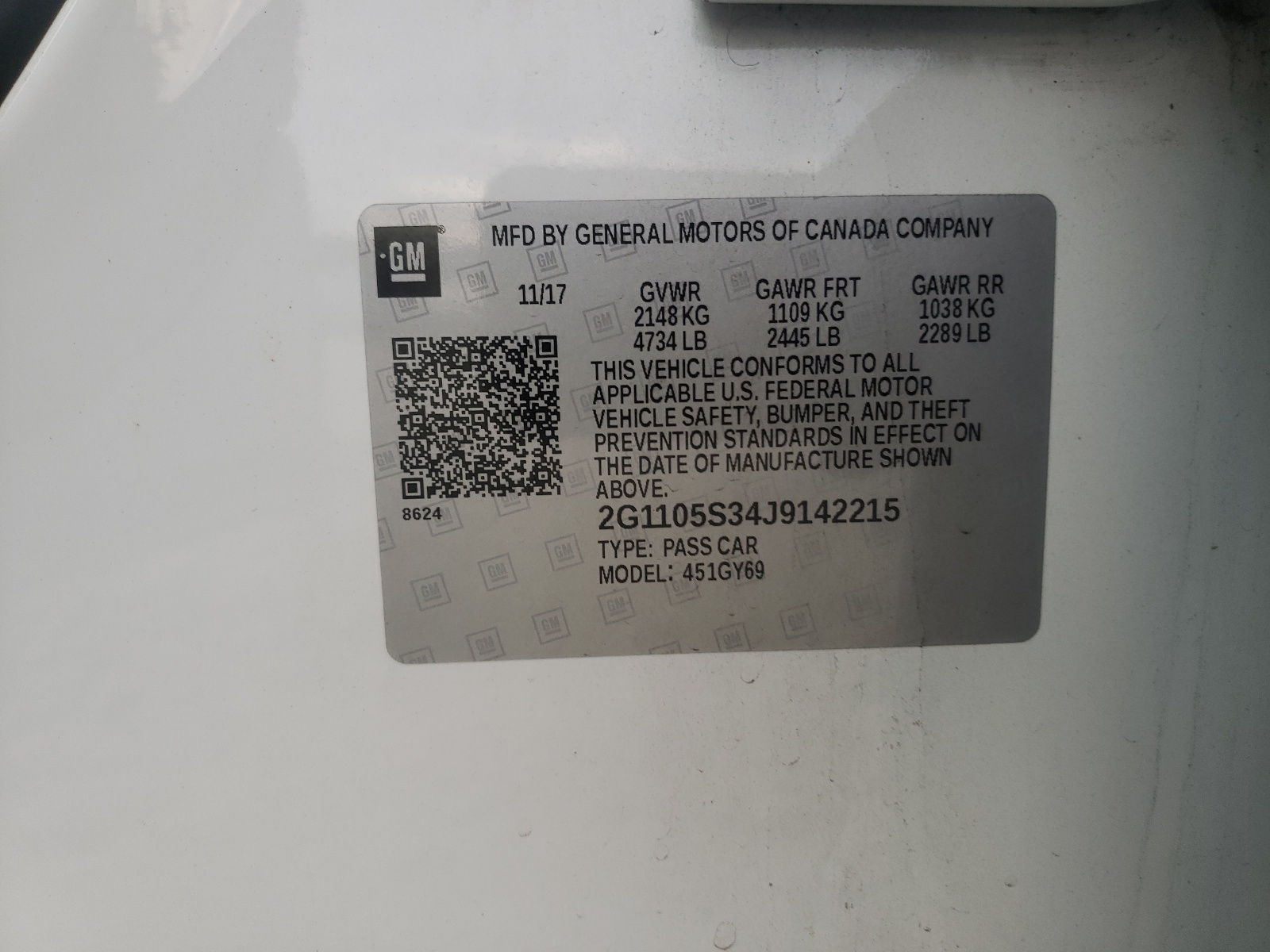 Photo 10 from auction – 2018 CHEVROLET IMPALA LT with VIN 2G1105S34J9142215