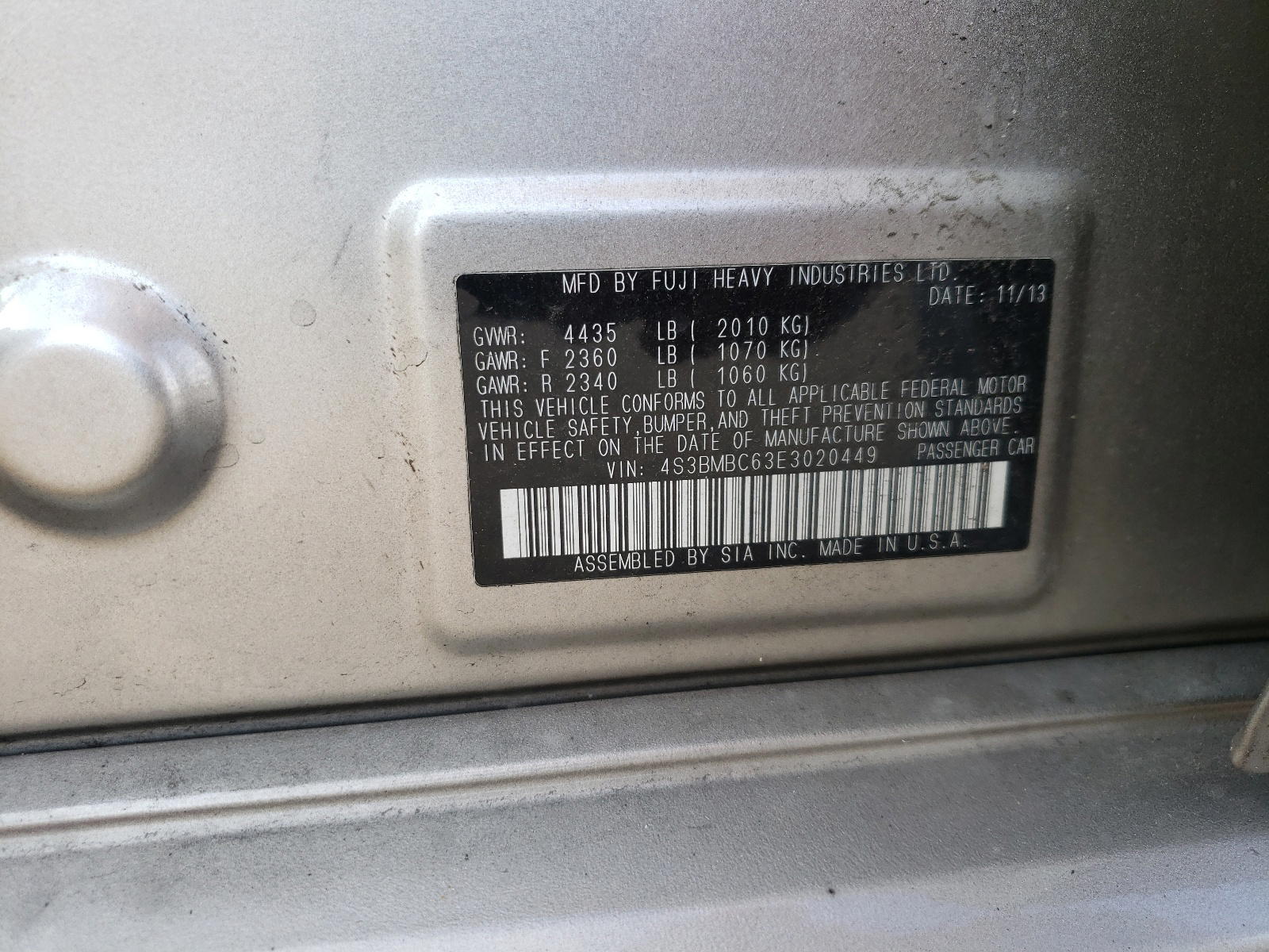 Photo 10 from auction – 2014 SUBARU LEGACY 2.5 with VIN 4S3BMBC63E3020449