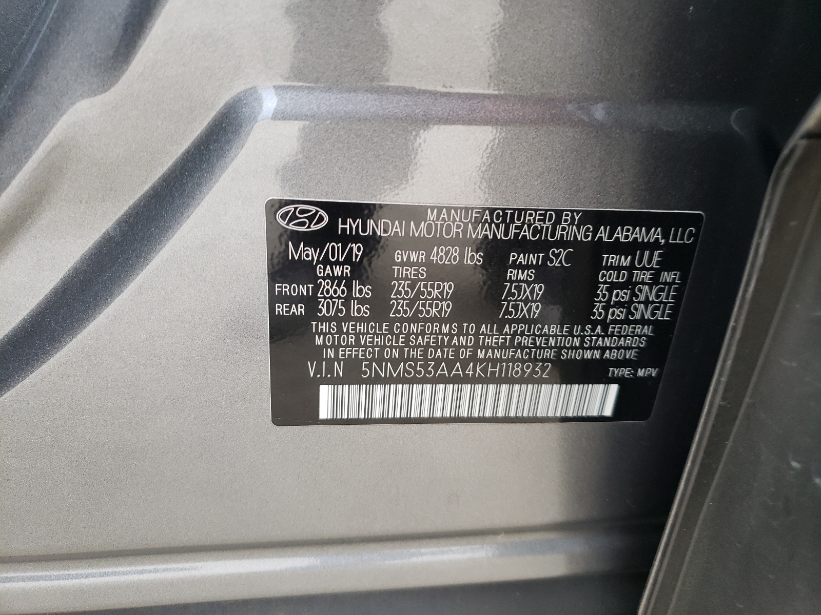 Photo 10 from auction – 2019 HYUNDAI SANTA FE L with VIN 5NMS53AA4KH118932