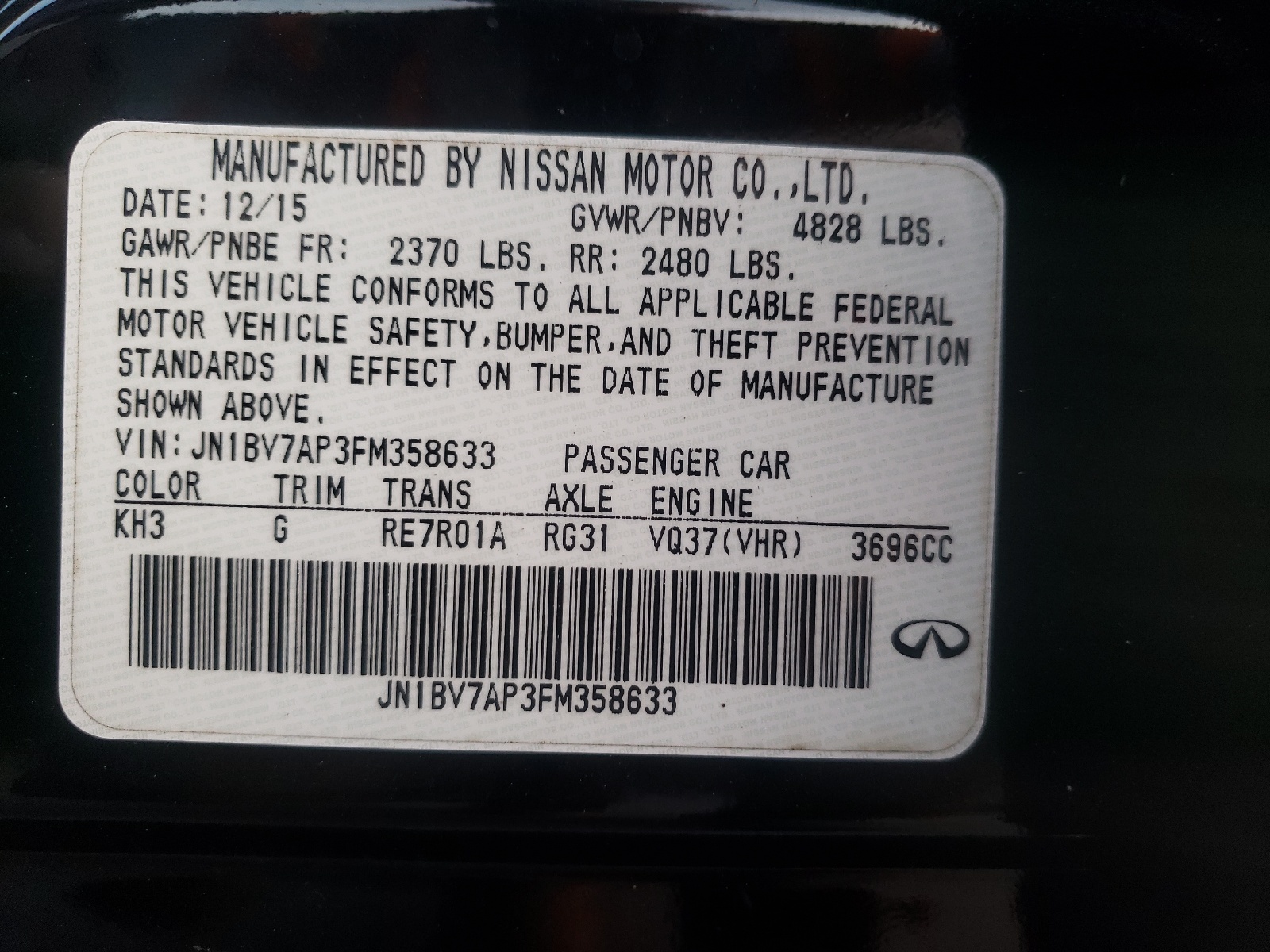 Photo 10 from auction – 2015 INFINITI Q50 BASE with VIN JN1BV7AP3FM358633