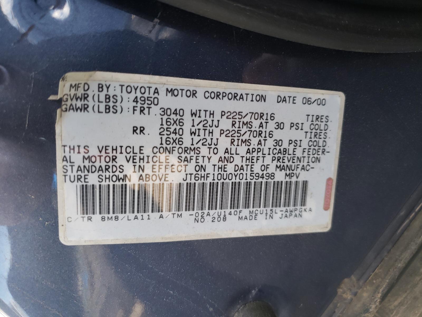 Photo 10 from auction – 2000 LEXUS RX 300 with VIN JT6HF10U0Y0159498