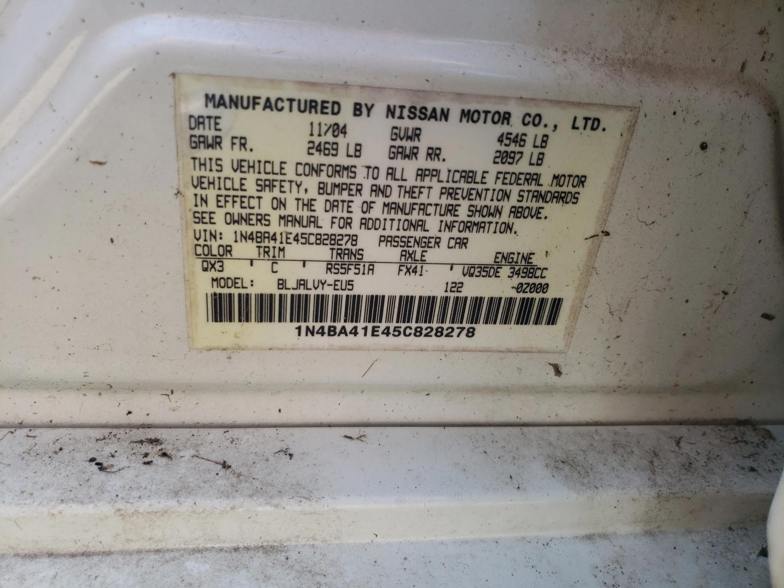 Photo 10 from auction – 2005 NISSAN MAXIMA SE with VIN 1N4BA41E45C828278