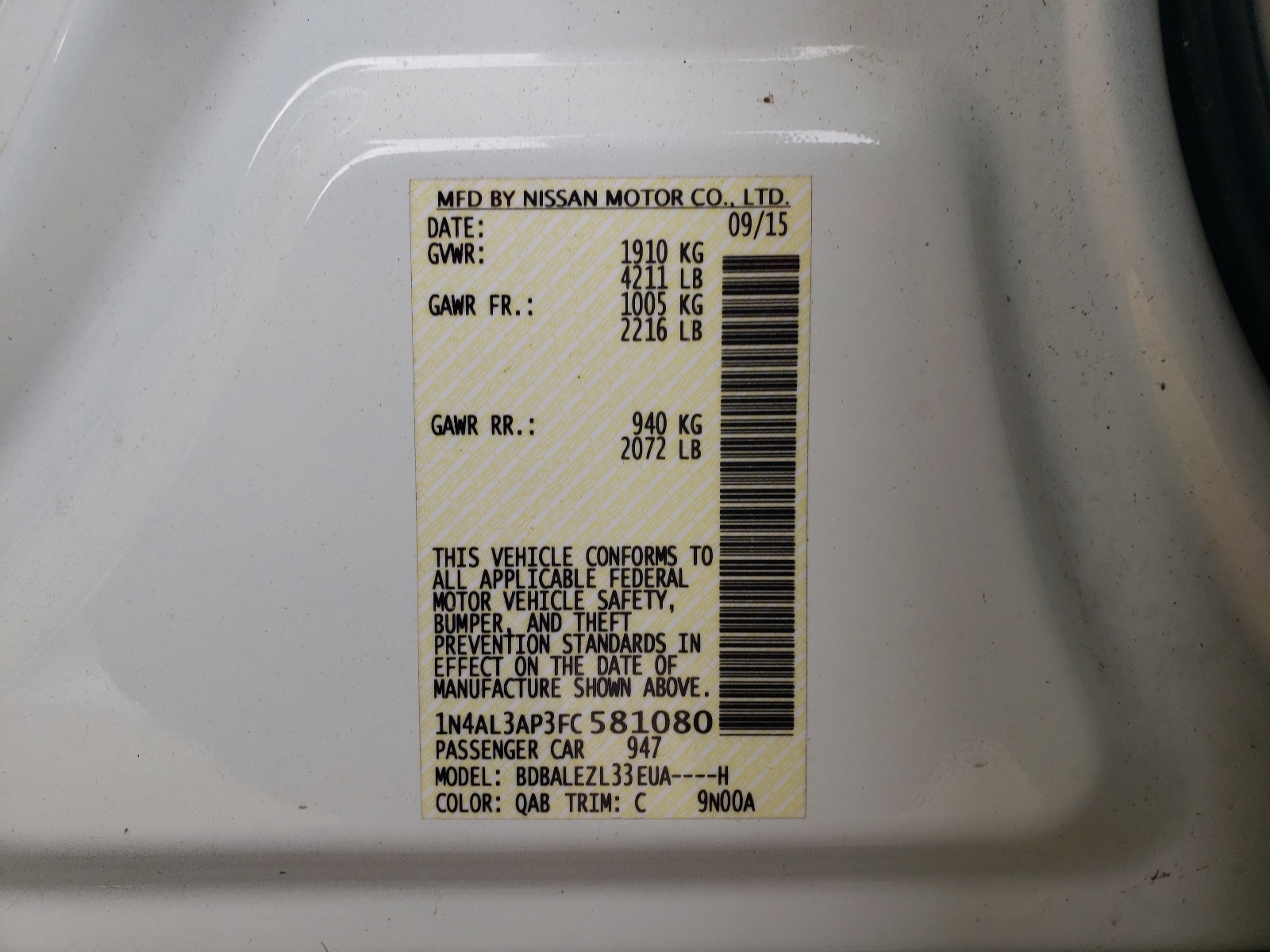 Photo 10 from auction – 2015 NISSAN ALTIMA 2.5 with VIN 1N4AL3AP3FC581080