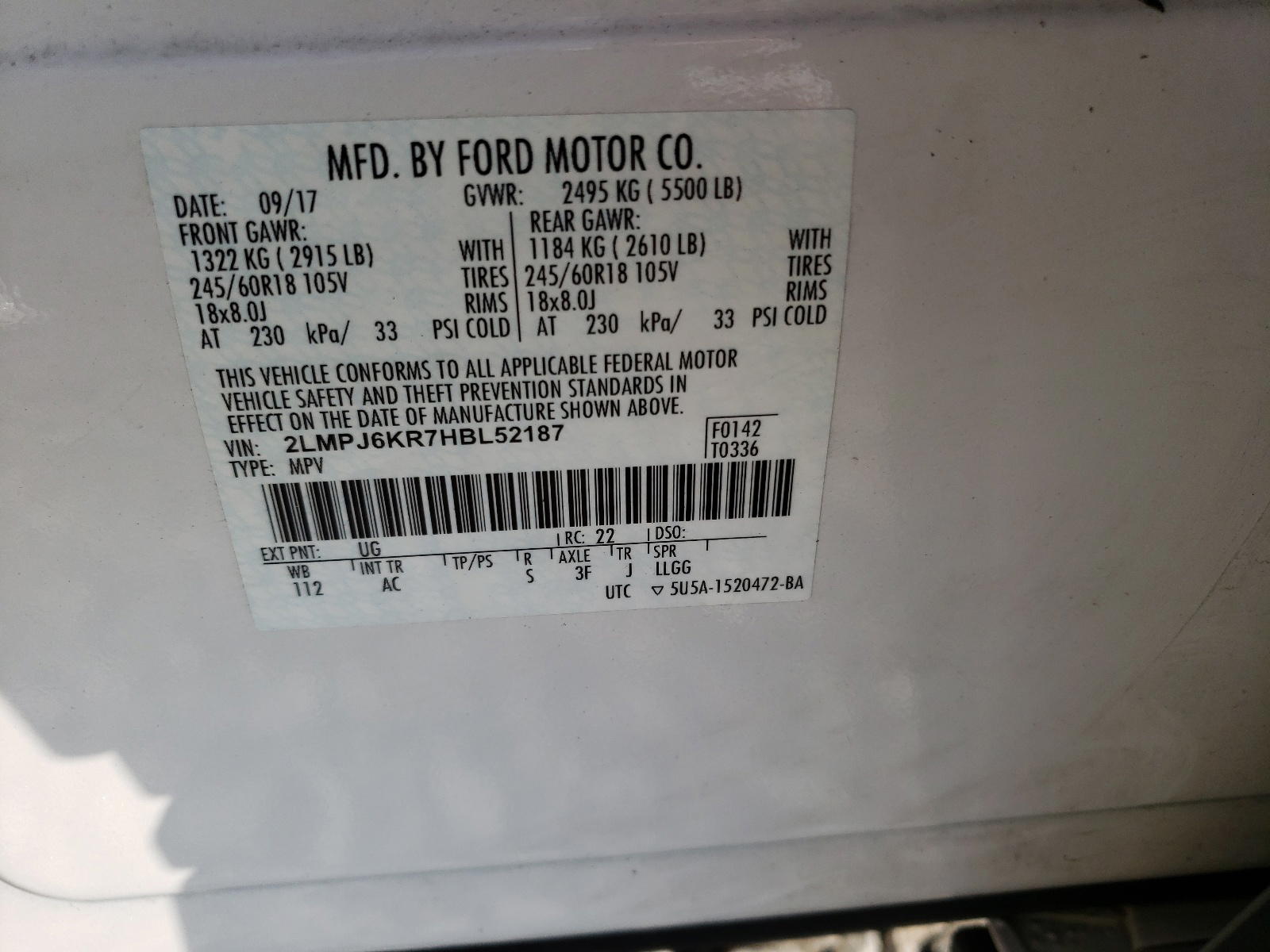 Photo 10 from auction – 2017 LINCOLN MKX SELECT with VIN 2LMPJ6KR7HBL52187