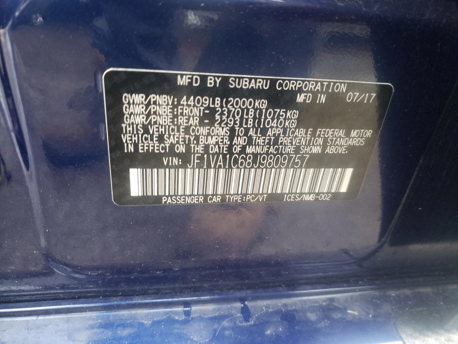 Photo 10 from auction – 2018 SUBARU WRX PREMIU with VIN JF1VA1C68J9809757