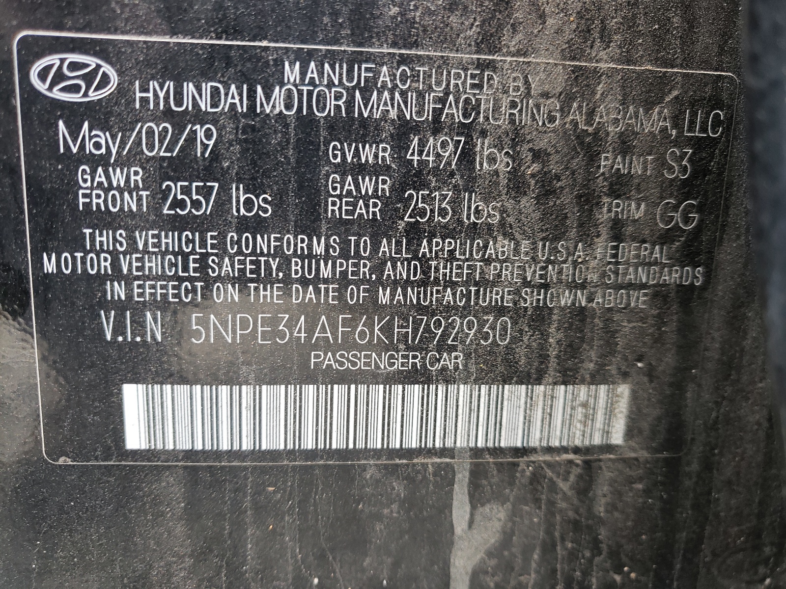 Photo 10 from auction – 2019 HYUNDAI SONATA LIM with VIN 5NPE34AF6KH792930